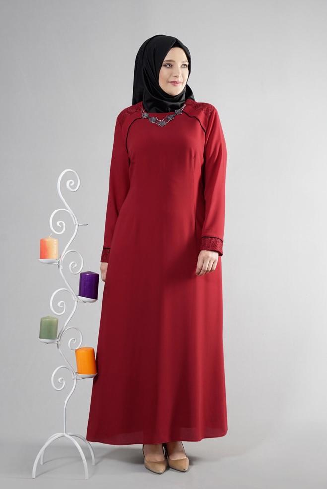 Tesettür giyim BORDO 2596 Nil Crep Tesettür Elbise 44/48 TEK42 - ALVİNA