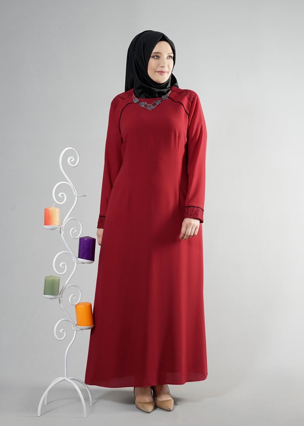 Hijab clothing CLARET RED 2596 Nil Crep Tesettür Elbise 44/48 TEK42