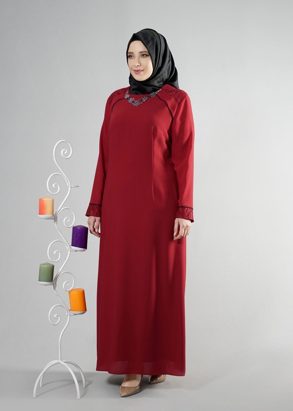 Hijab clothing CLARET RED 2596 Nil Crep Tesettür Elbise 44/48 TEK42