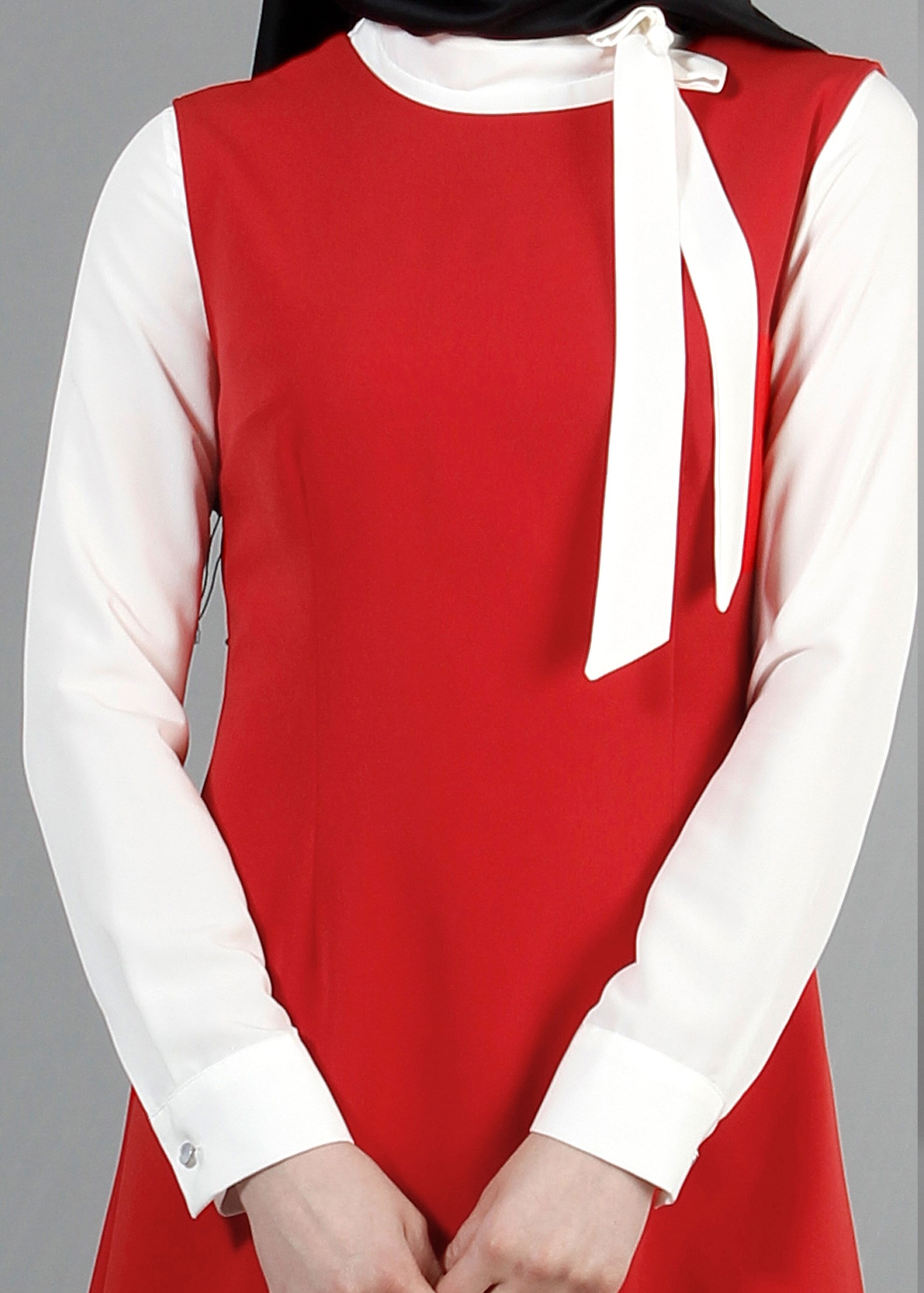 Tesettür giyim KIRMIZI YAKASI BAĞLAMALI İŞLEMELİ ELBİSE 4145