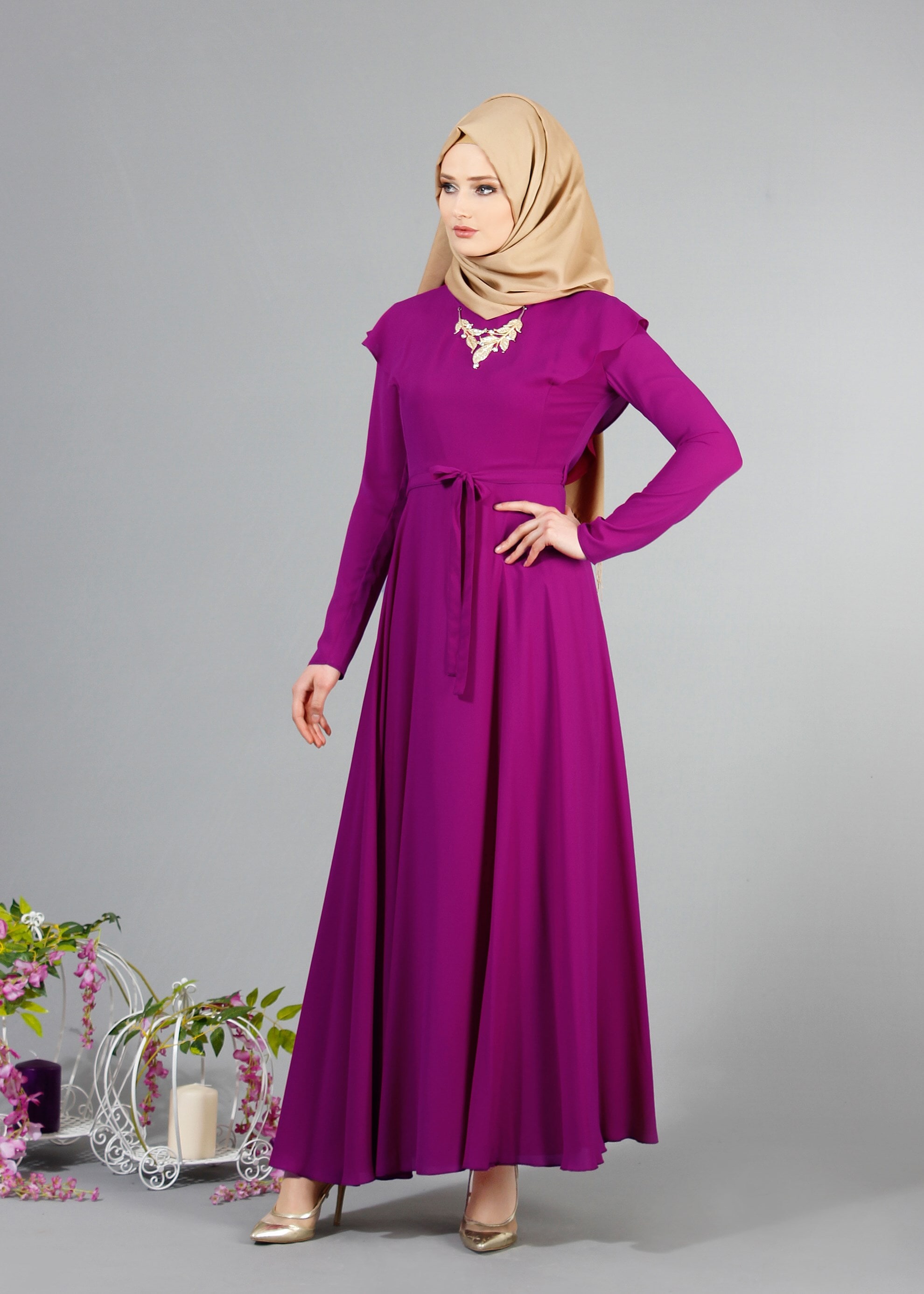 Tesettür giyim MOR 4229 Port Crep Düz Tesettür Elbise 38/44 TEK38