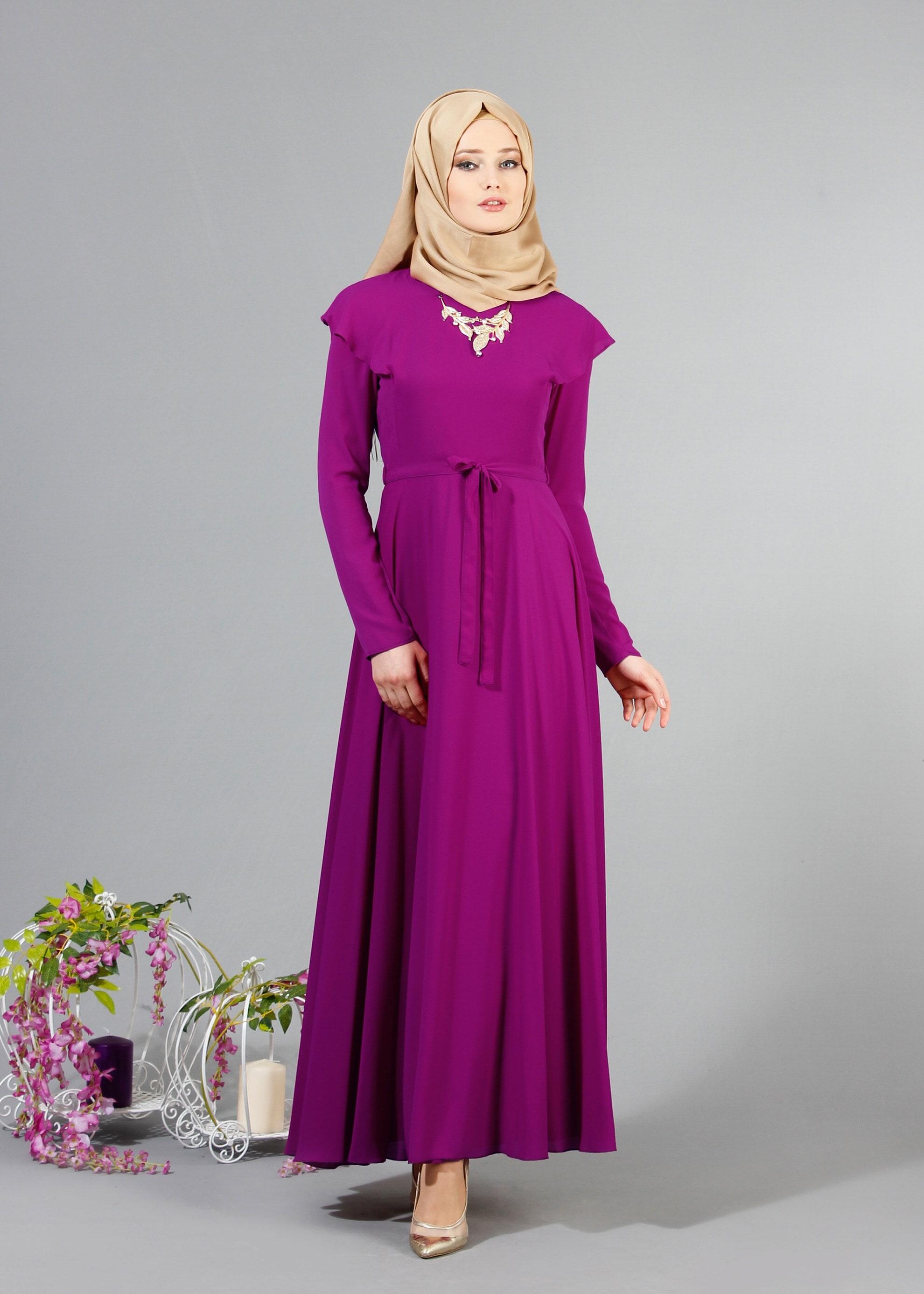 Tesettür giyim MOR 4229 Port Crep Düz Tesettür Elbise 38/44 TEK38