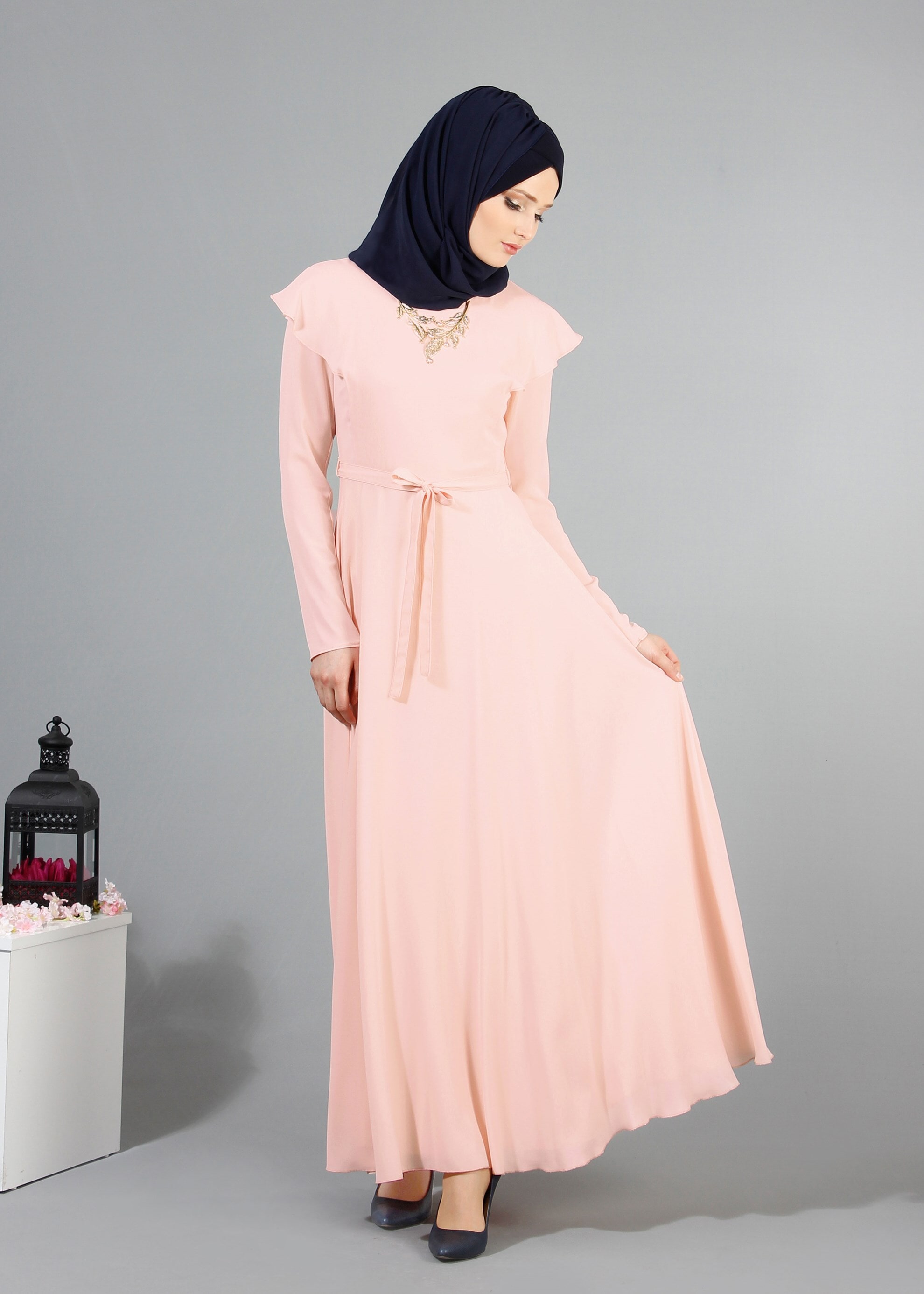 Tesettür giyim PUDRA 4229 Port Crep Düz Tesettür Elbise 38/44 TEK38