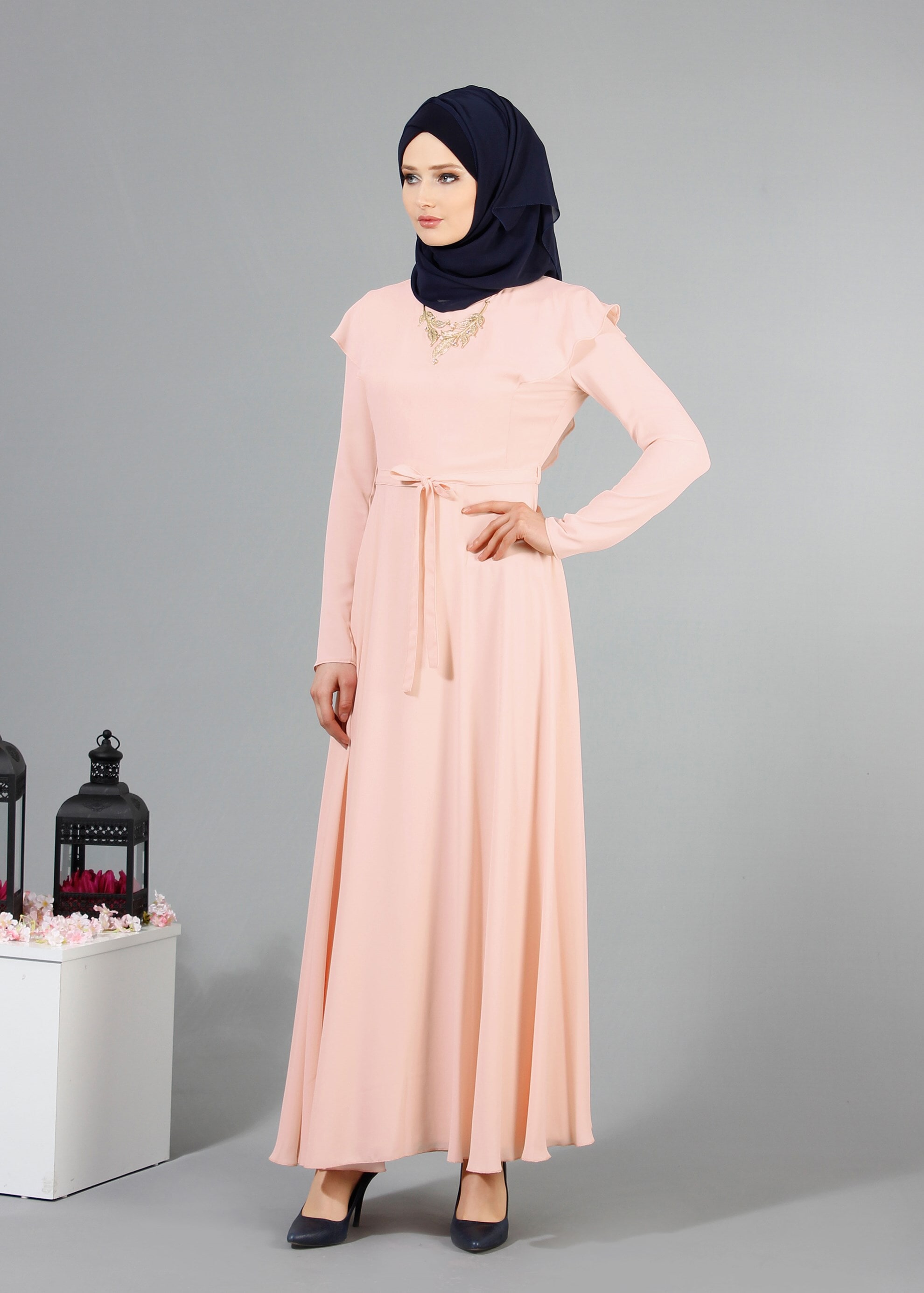 Tesettür giyim PUDRA 4229 Port Crep Düz Tesettür Elbise 38/44 TEK38