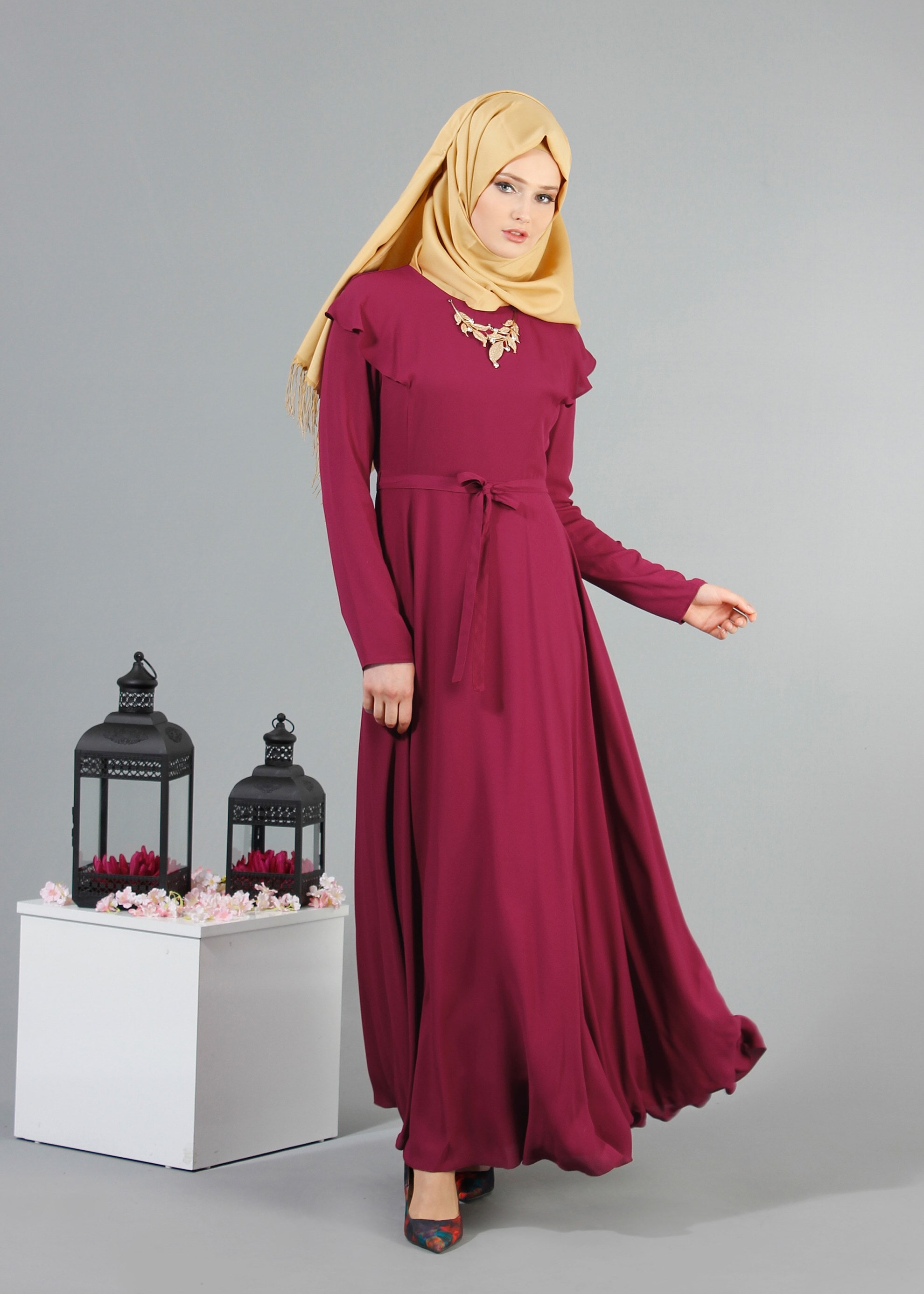 Tesettür giyim MOR 4229 Port Crep Düz Tesettür Elbise 38/44 TEK38