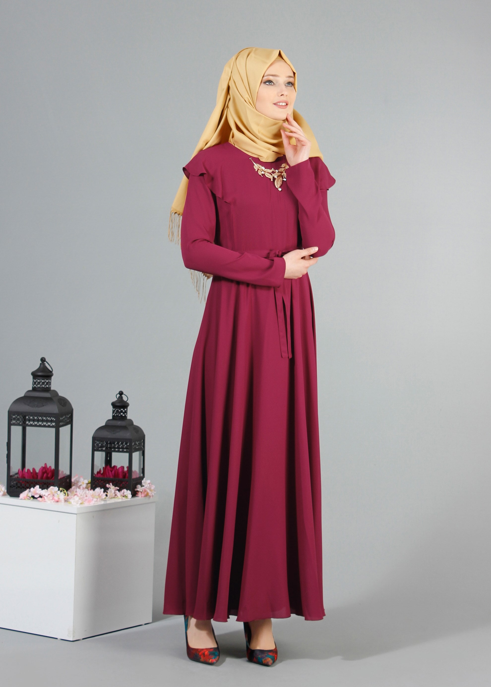 Tesettür giyim MOR 4229 Port Crep Düz Tesettür Elbise 38/44 TEK38