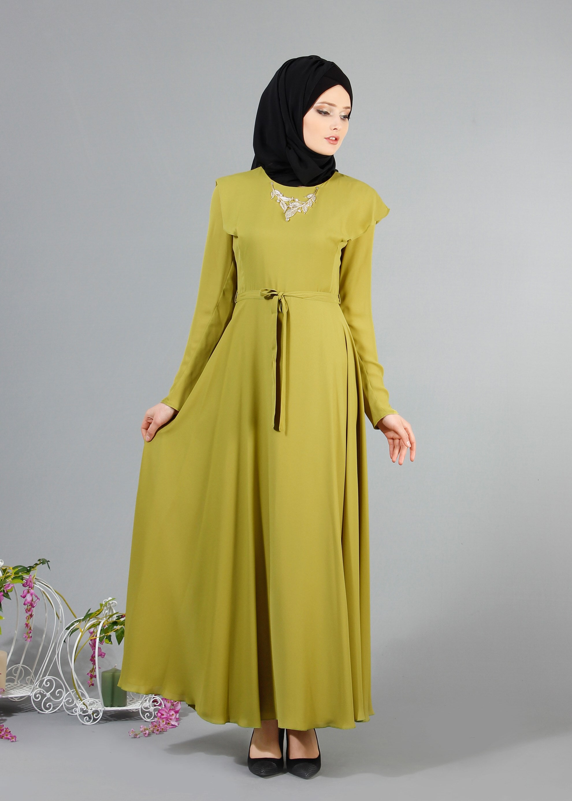 Tesettür giyim YEŞİL 4229 Port Crep Düz Tesettür Elbise 38/44 TEK38