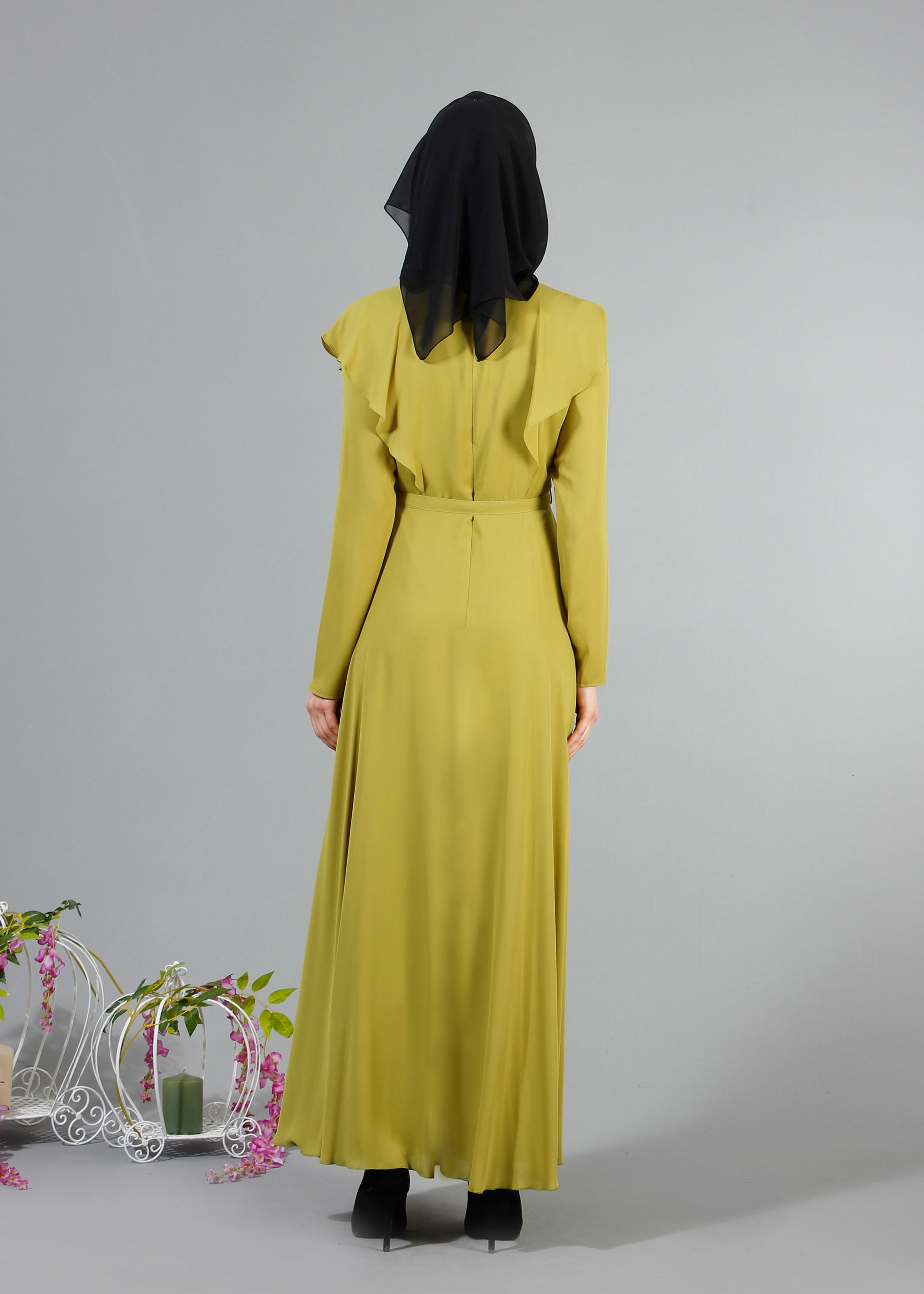 Tesettür giyim YEŞİL 4229 Port Crep Düz Tesettür Elbise 38/44 TEK38