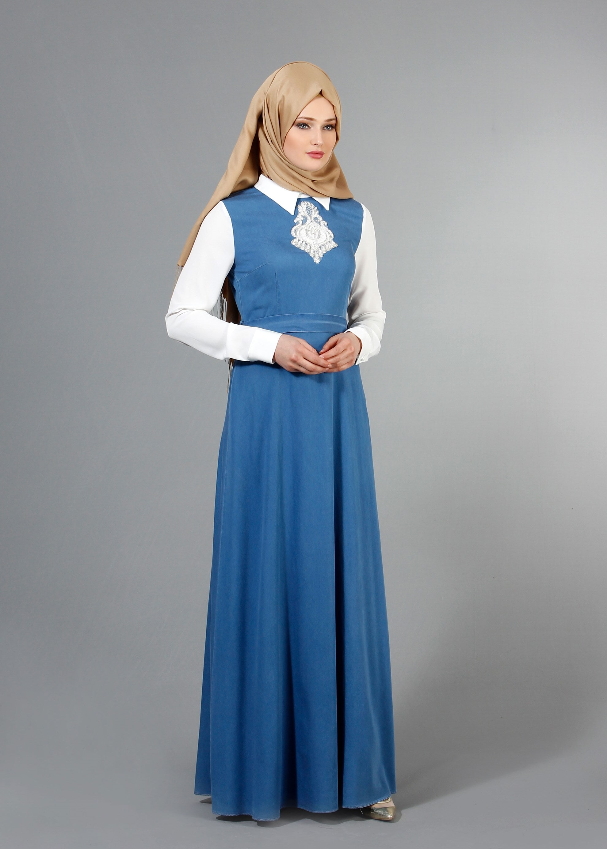 Tesettür giyim MAVİ 4252 Maryel Düz Tesettür Elbise 38/46 TEK38