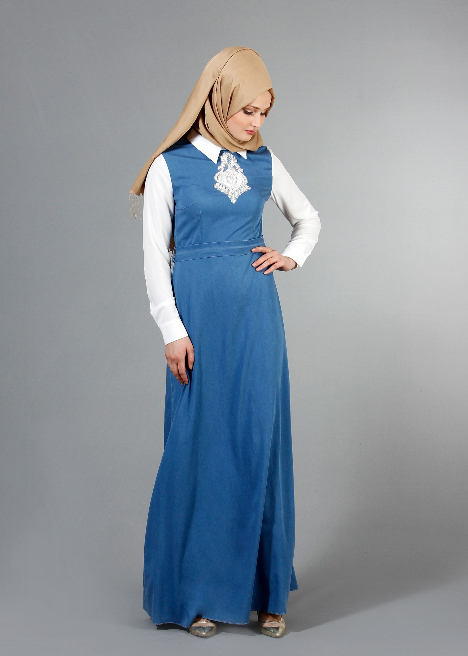 Tesettür giyim MAVİ 4252 Maryel Düz Tesettür Elbise 38/46 TEK38