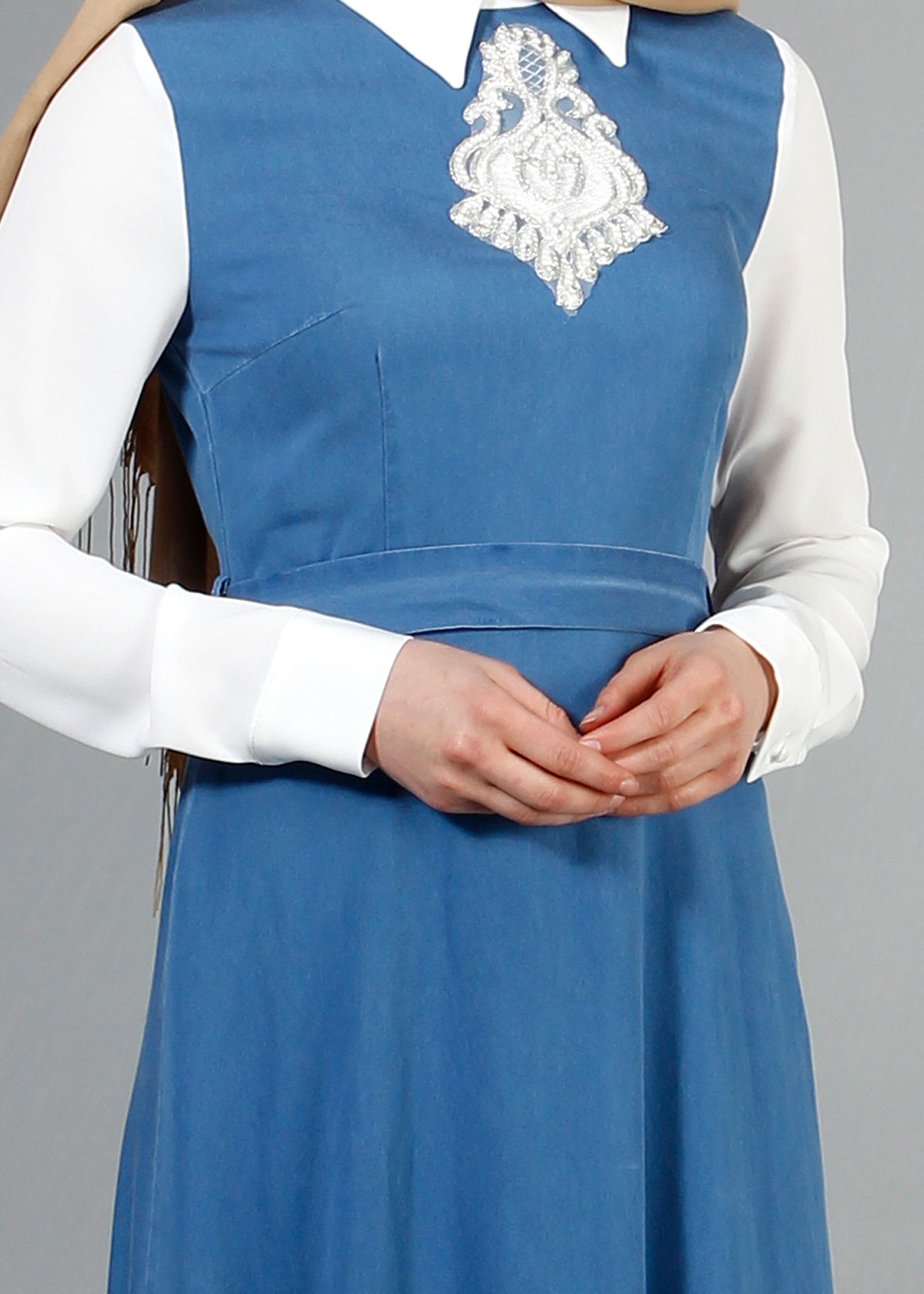 Tesettür giyim MAVİ 4252 Maryel Düz Tesettür Elbise 38/46 TEK38