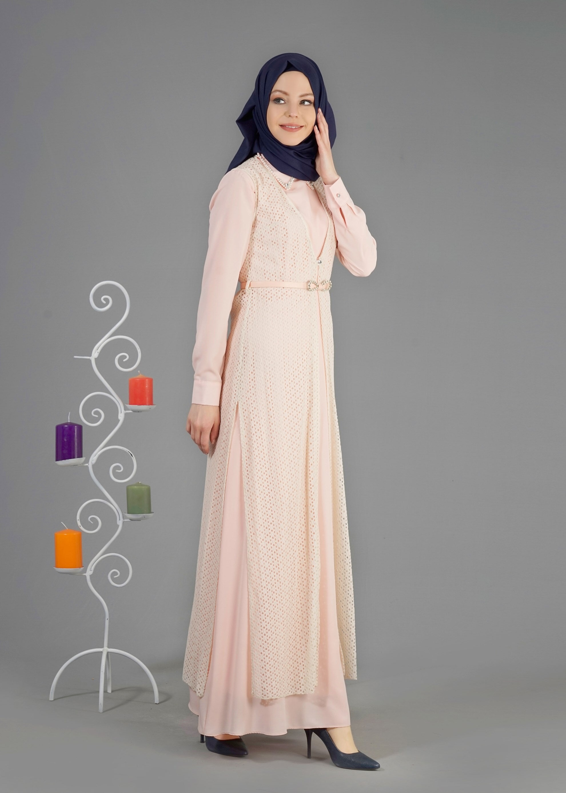 Tesettür giyim PUDRA 4348 Criss 2&prime;Li Tesettür Elbise 38/44 TEK40