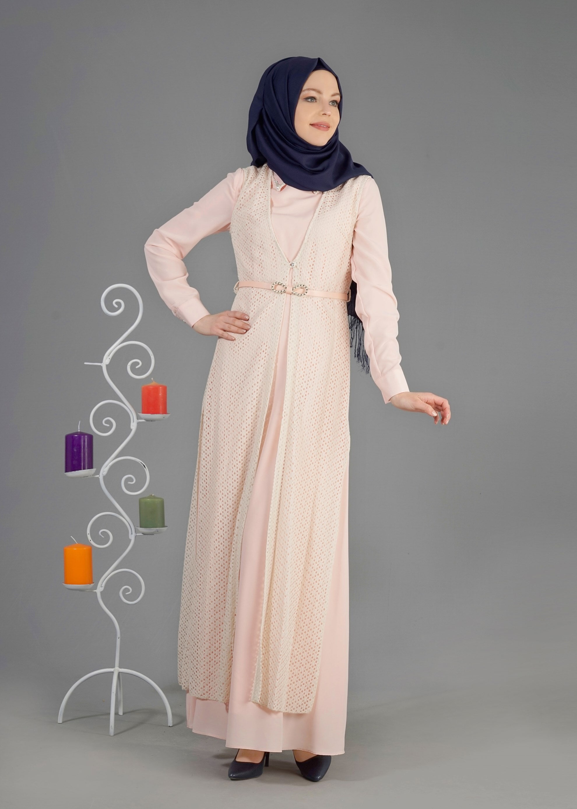 Tesettür giyim PUDRA 4348 Criss 2&prime;Li Tesettür Elbise 38/44 TEK40
