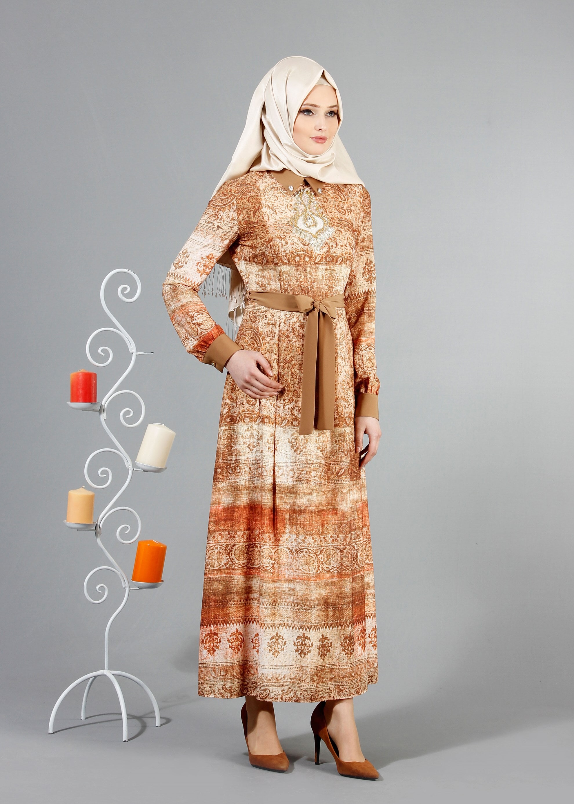 Tesettür giyim BAKIR / BRONZ 4349 Rosa Tesettür Elbise 38/46(38-40) TEK36