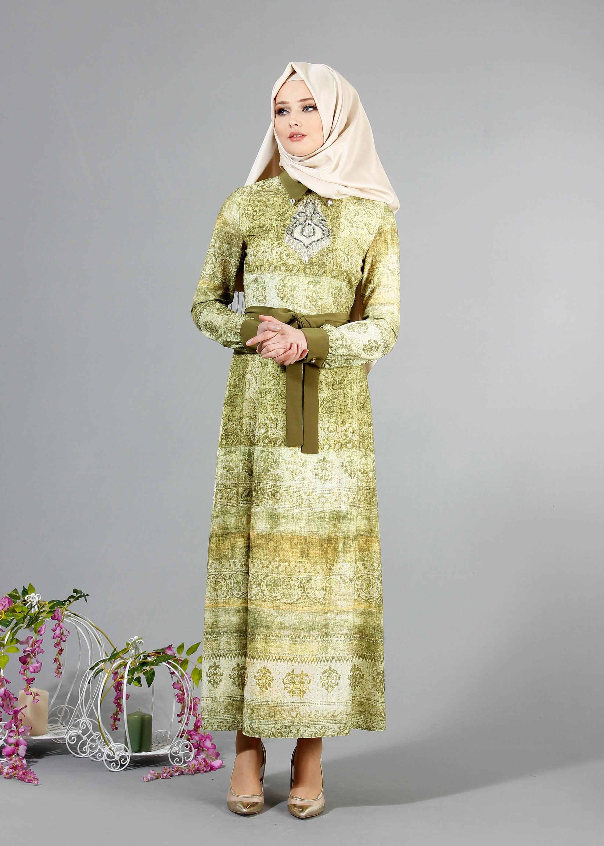 Tesettür giyim YEŞİL 4349 Rosa Tesettür Elbise 38/46(38-40) TEK36