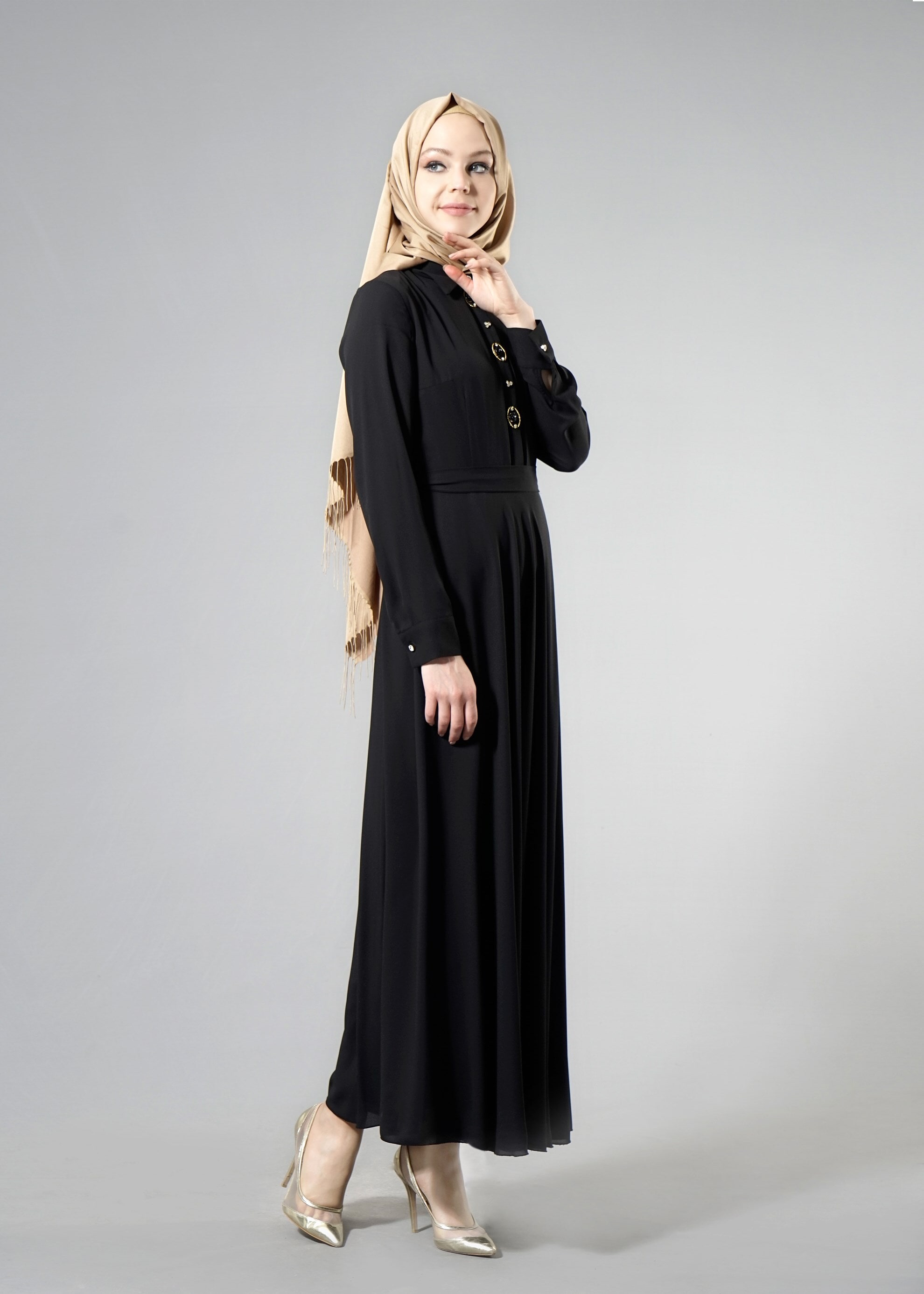 Tesettür giyim SİYAH 4379 Esinti Tesettür Elbise 38/44 TEK40