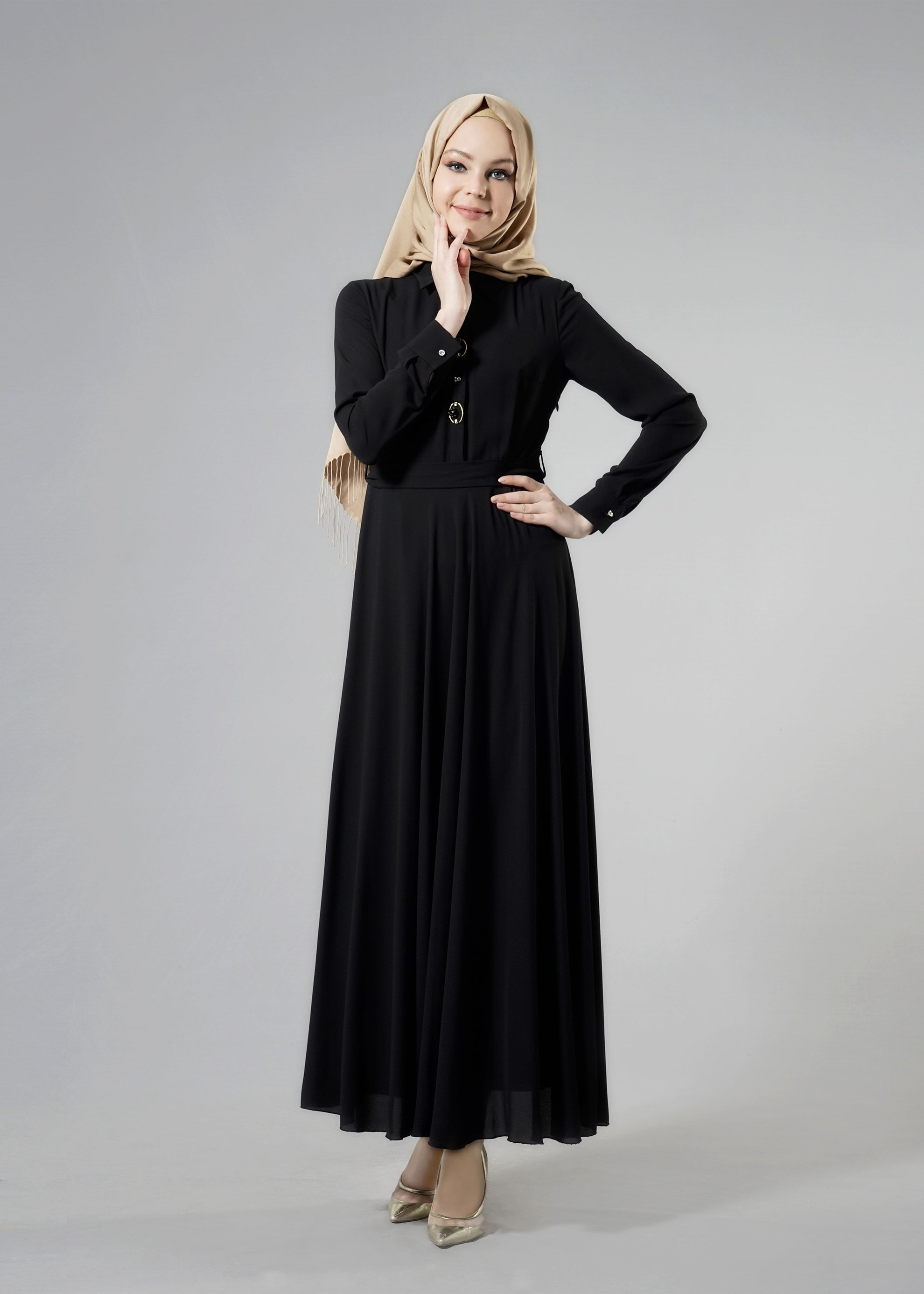 Tesettür giyim SİYAH 4379 Esinti Tesettür Elbise 38/44 TEK40