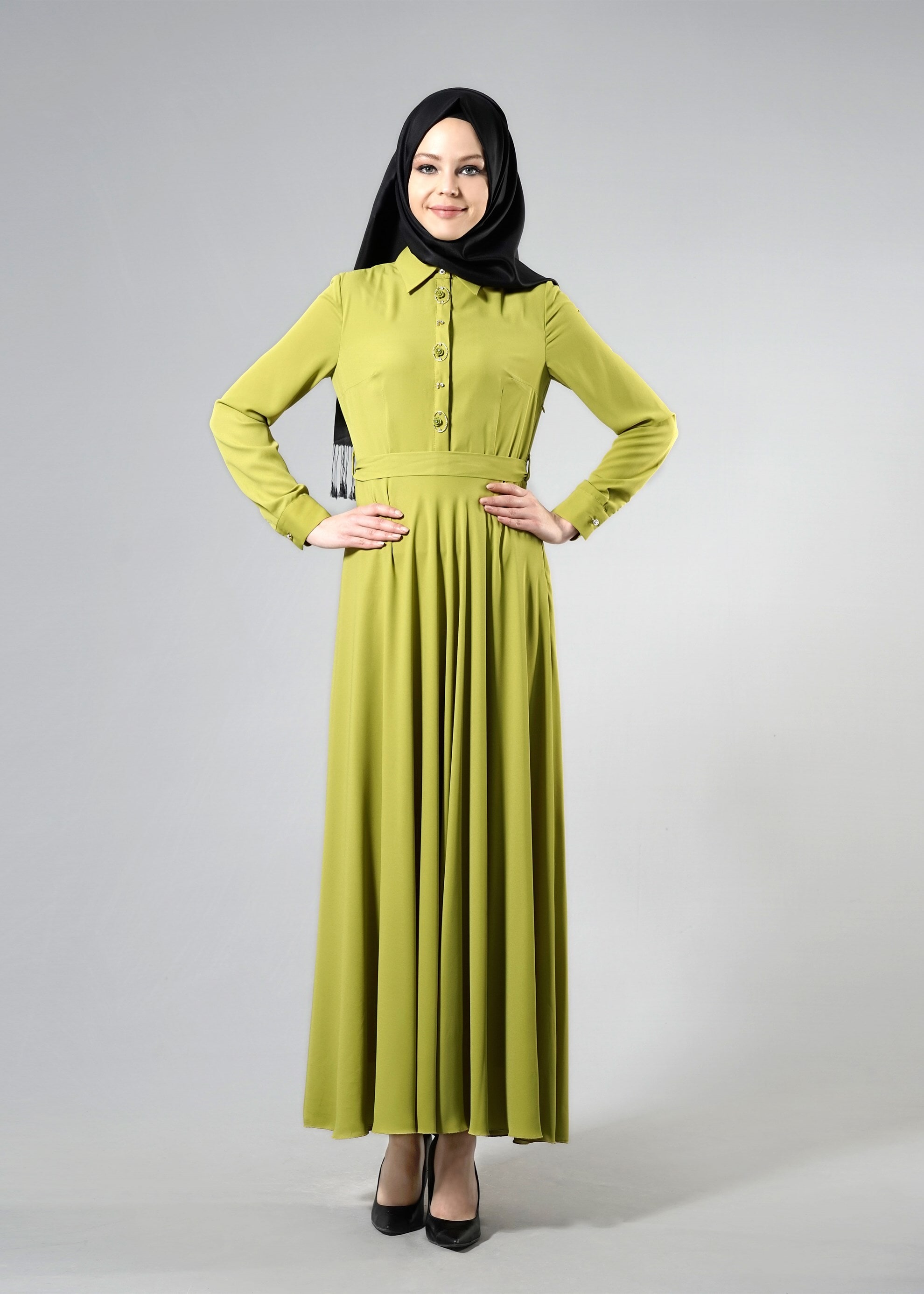 Tesettür giyim YEŞİL 4379 Esinti Tesettür Elbise 38/44 TEK40