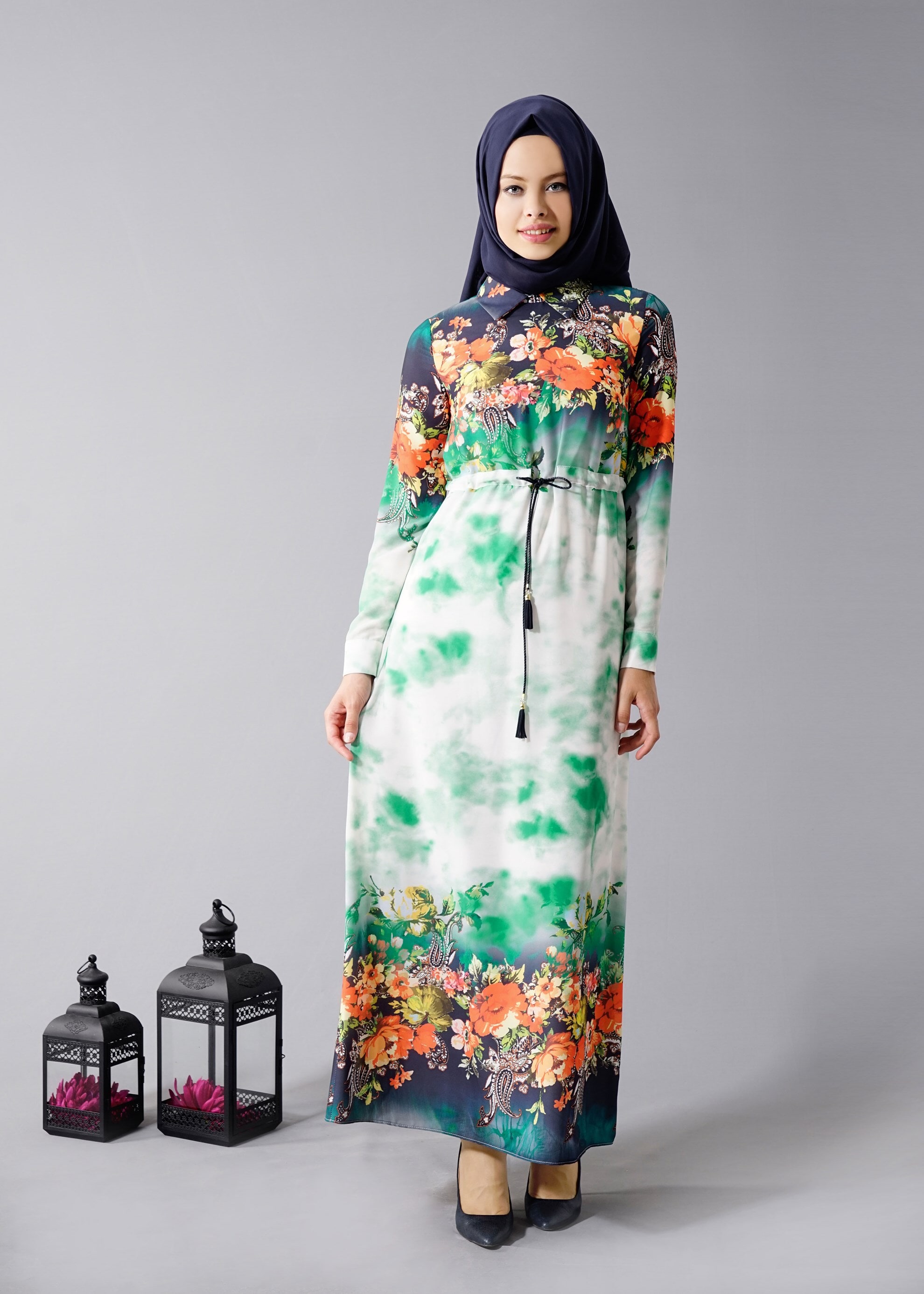 Tesettür giyim YEŞİL 4415 Queen 3115 Tesettür  Elbise 36/44 TEK40