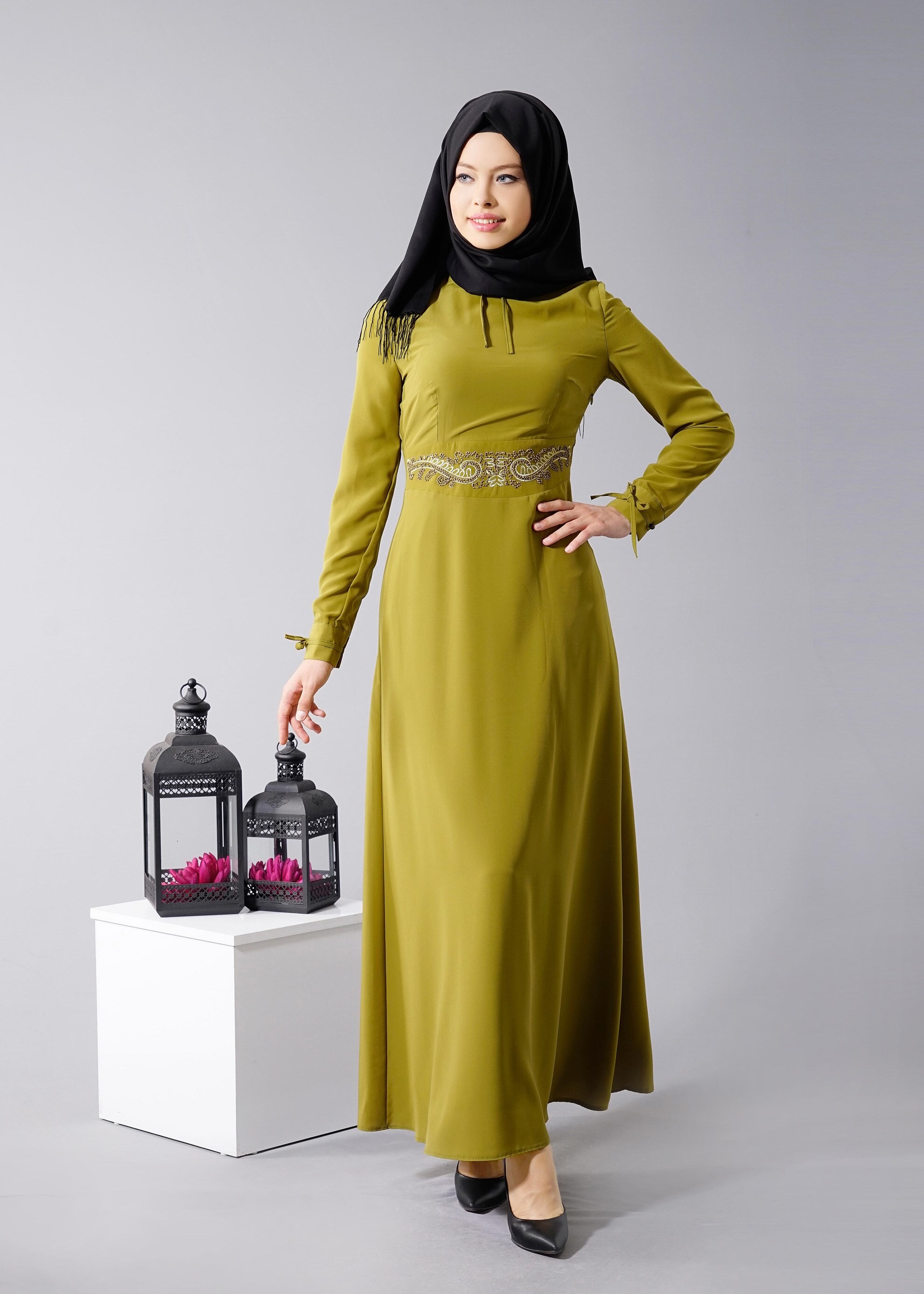 Tesettür giyim YEŞİL 4491 Criss Tesettür Elbise 38/44 TEK40