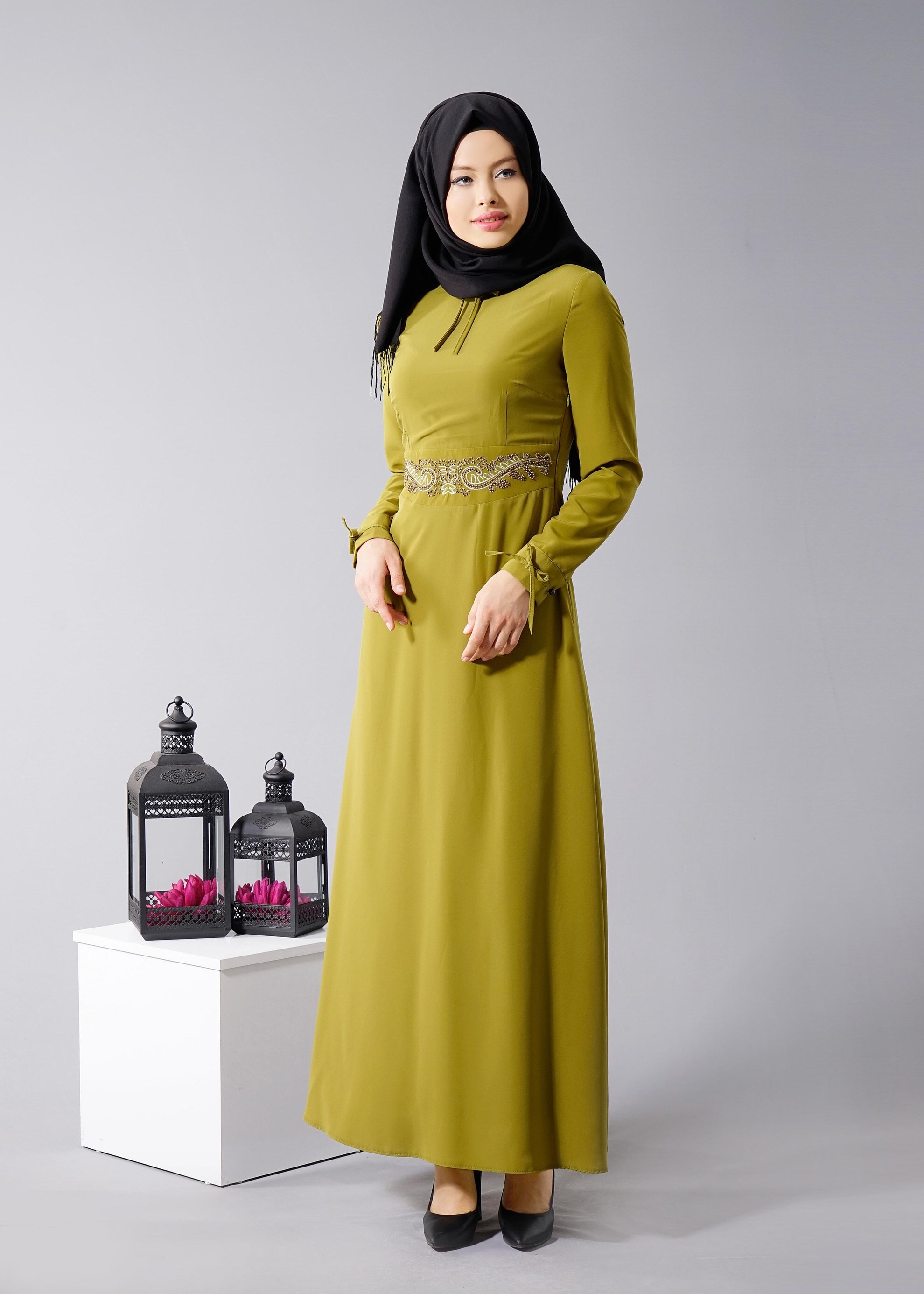 Tesettür giyim YEŞİL 4491 Criss Tesettür Elbise 38/44 TEK40