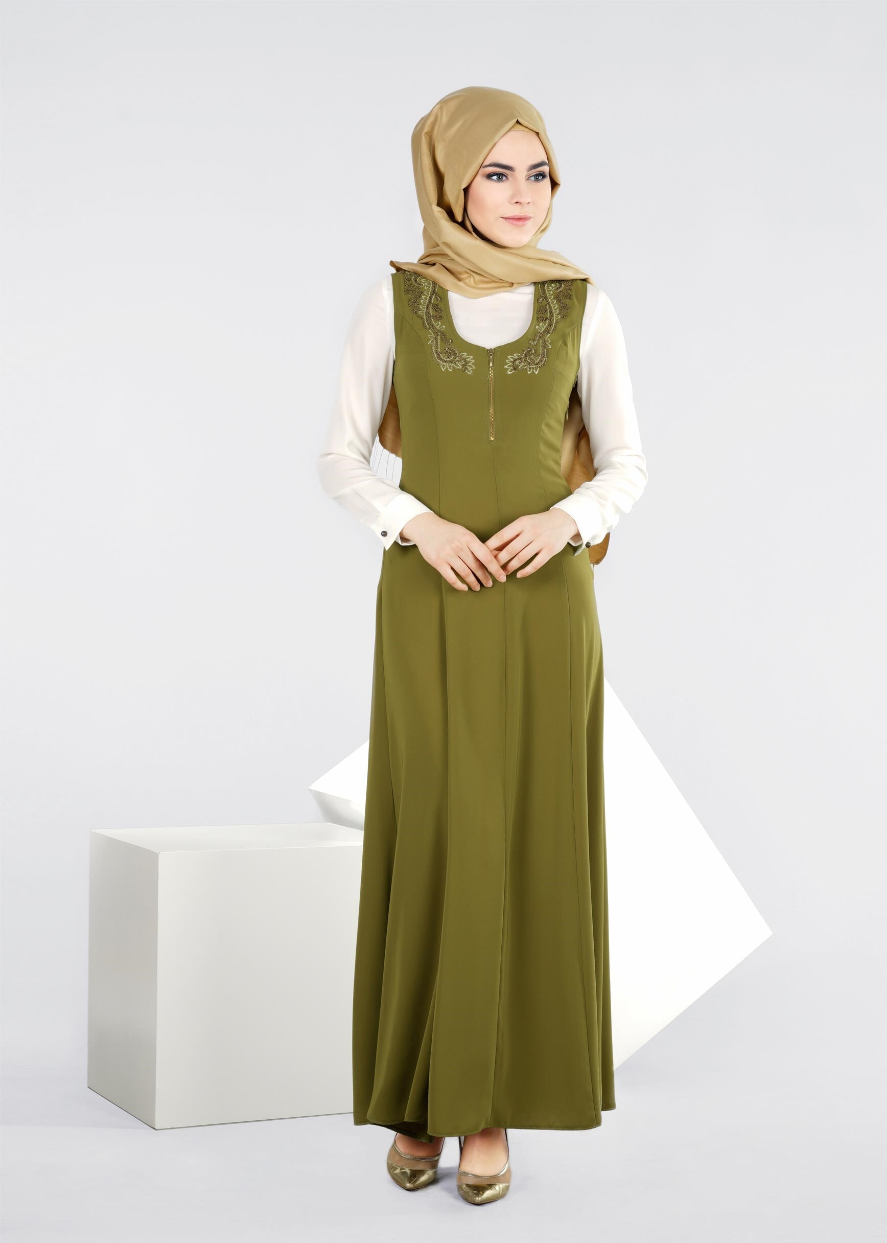 Tesettür giyim YEŞİL 4497 New Alya 2&prime;li Tesettür Elbise 36/44(38-40) TEK42