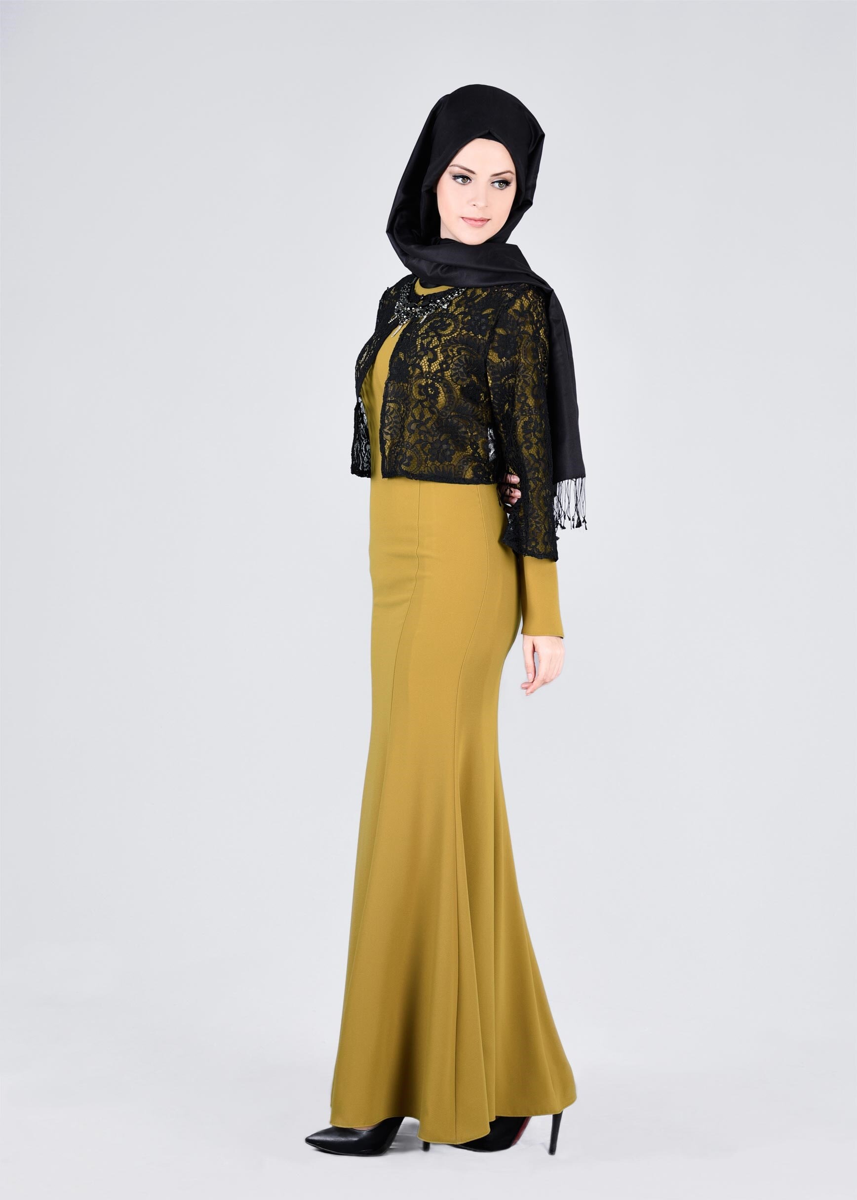 Tesettür giyim YEŞİL 4560 ELVAN 3731 2&prime;Lİ TESETTÜR ELBİSE 38/44 TEK38