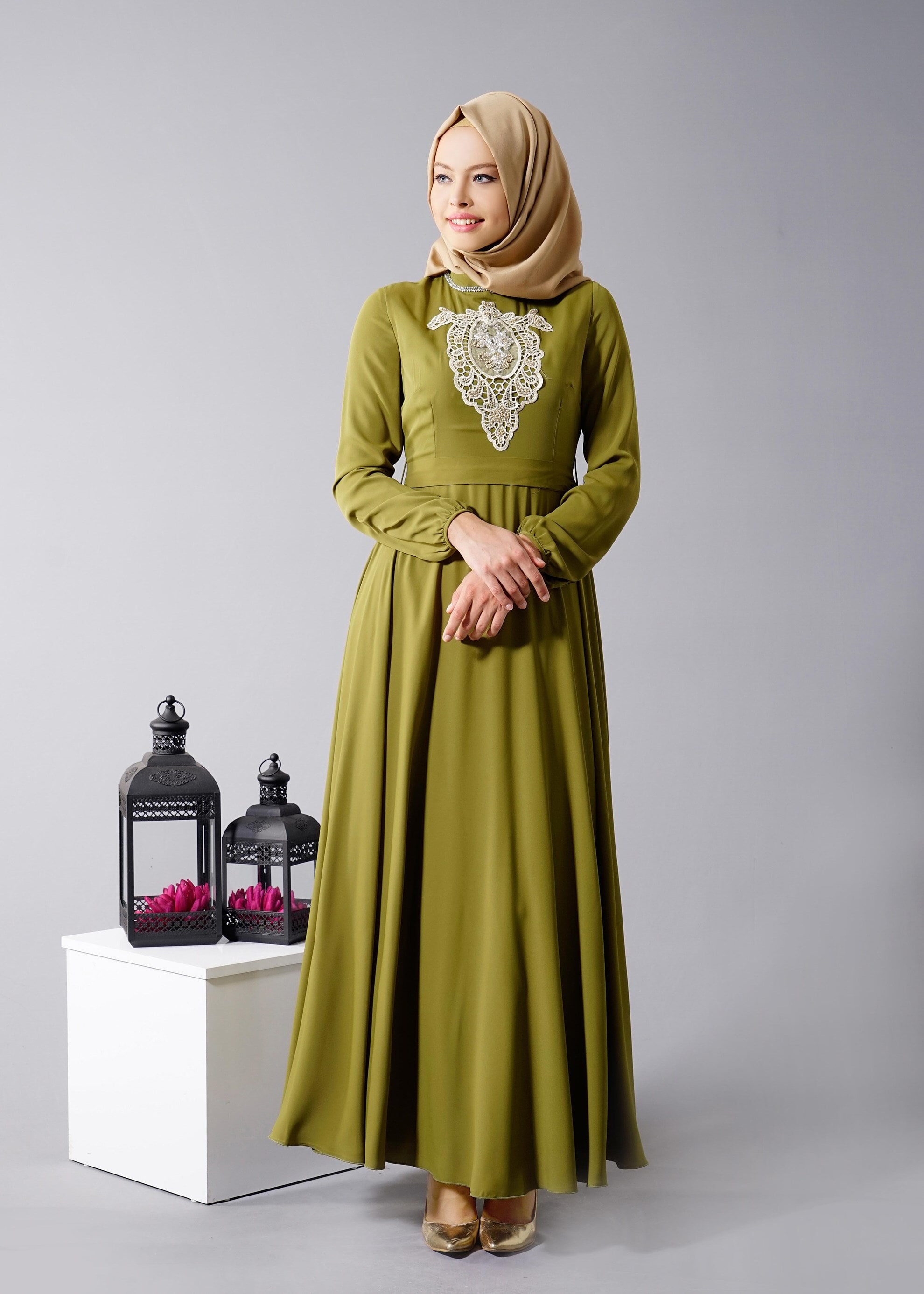 Tesettür giyim YEŞİL 4567 6384 Tesettür Elbise 38/44 TEK40