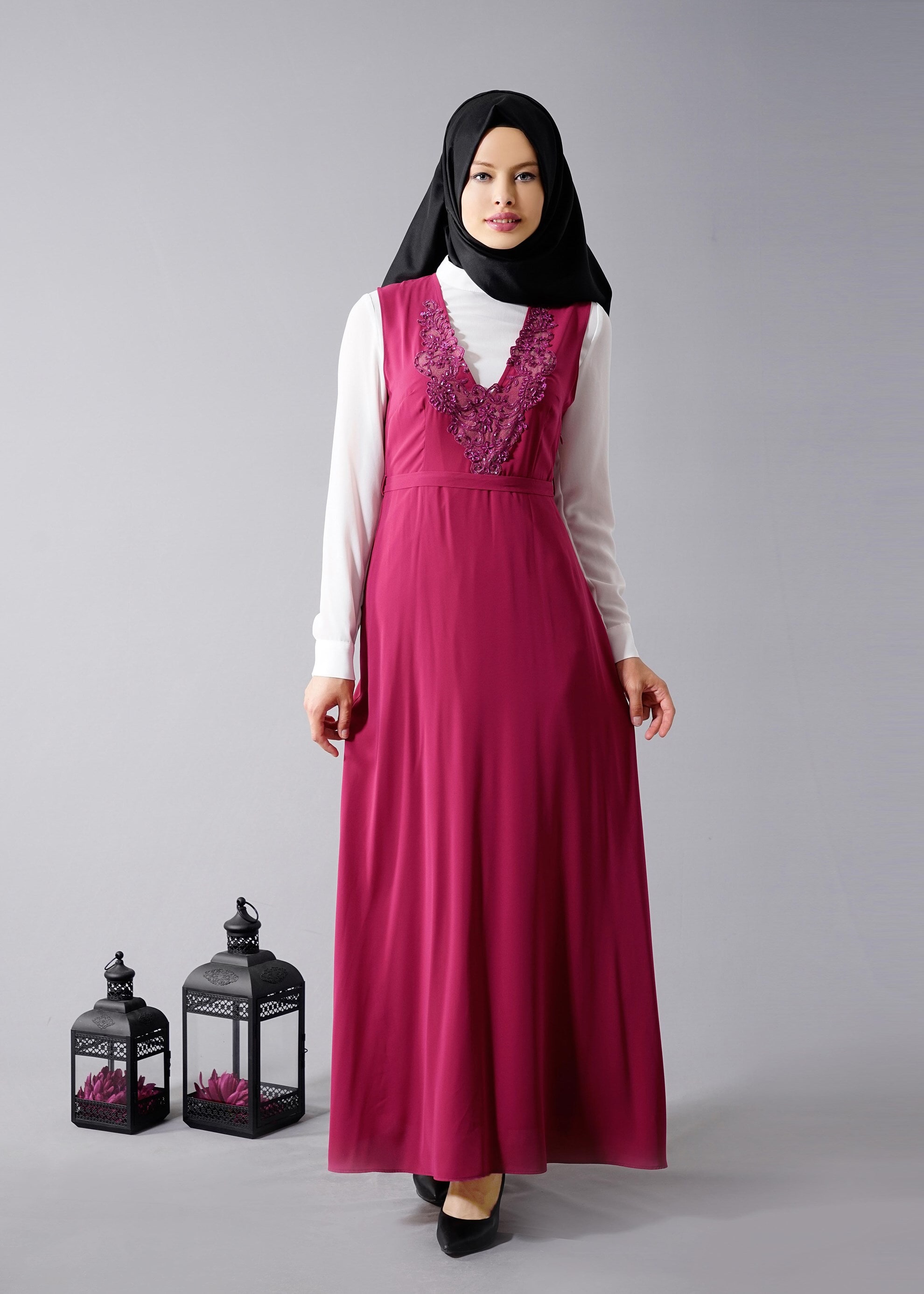 Tesettür giyim FUŞYA 4568 New Alya 2&prime;li Tesettür Elbise 38/44 TEK40