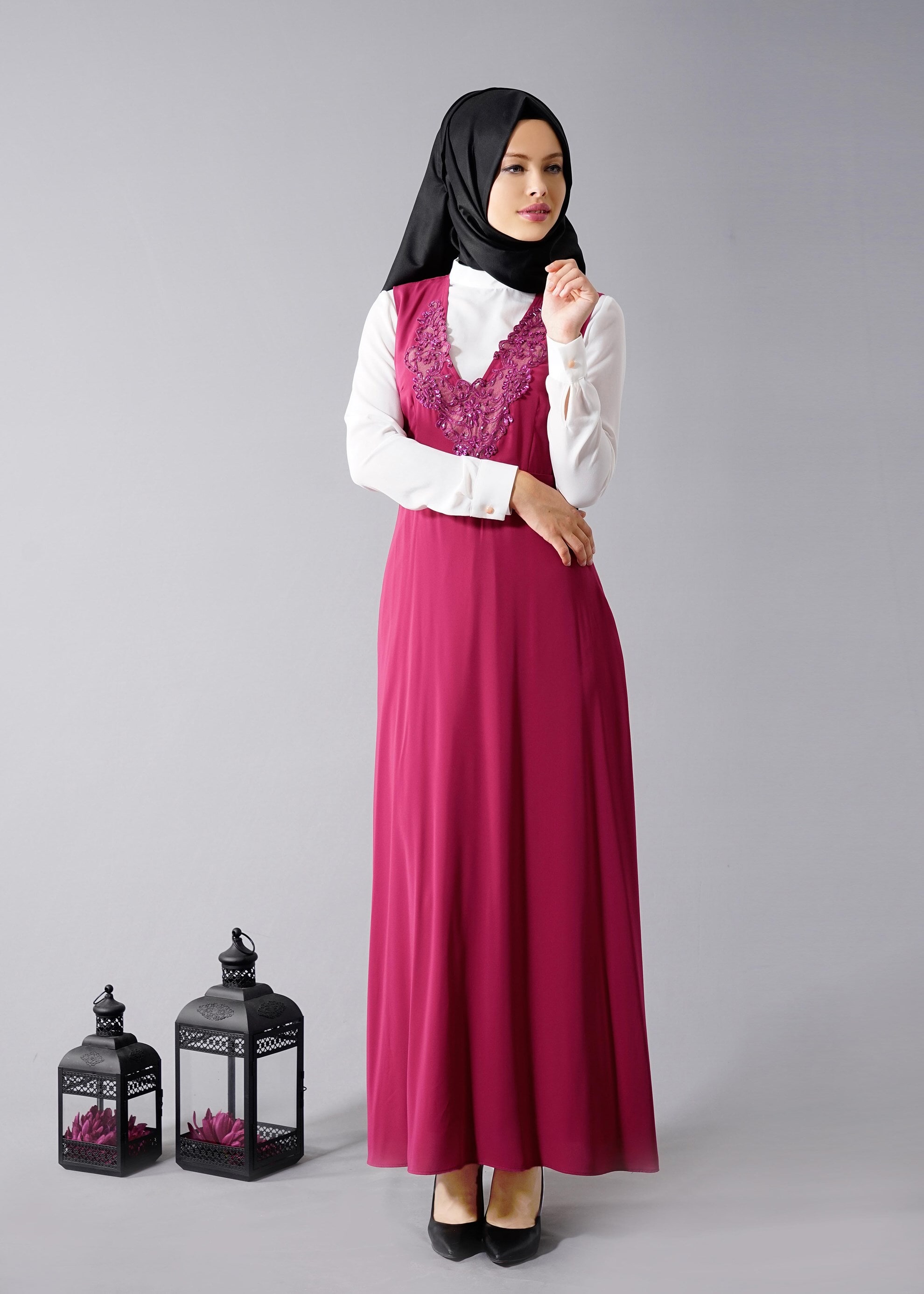 Tesettür giyim FUŞYA 4568 New Alya 2&prime;li Tesettür Elbise 38/44 TEK40