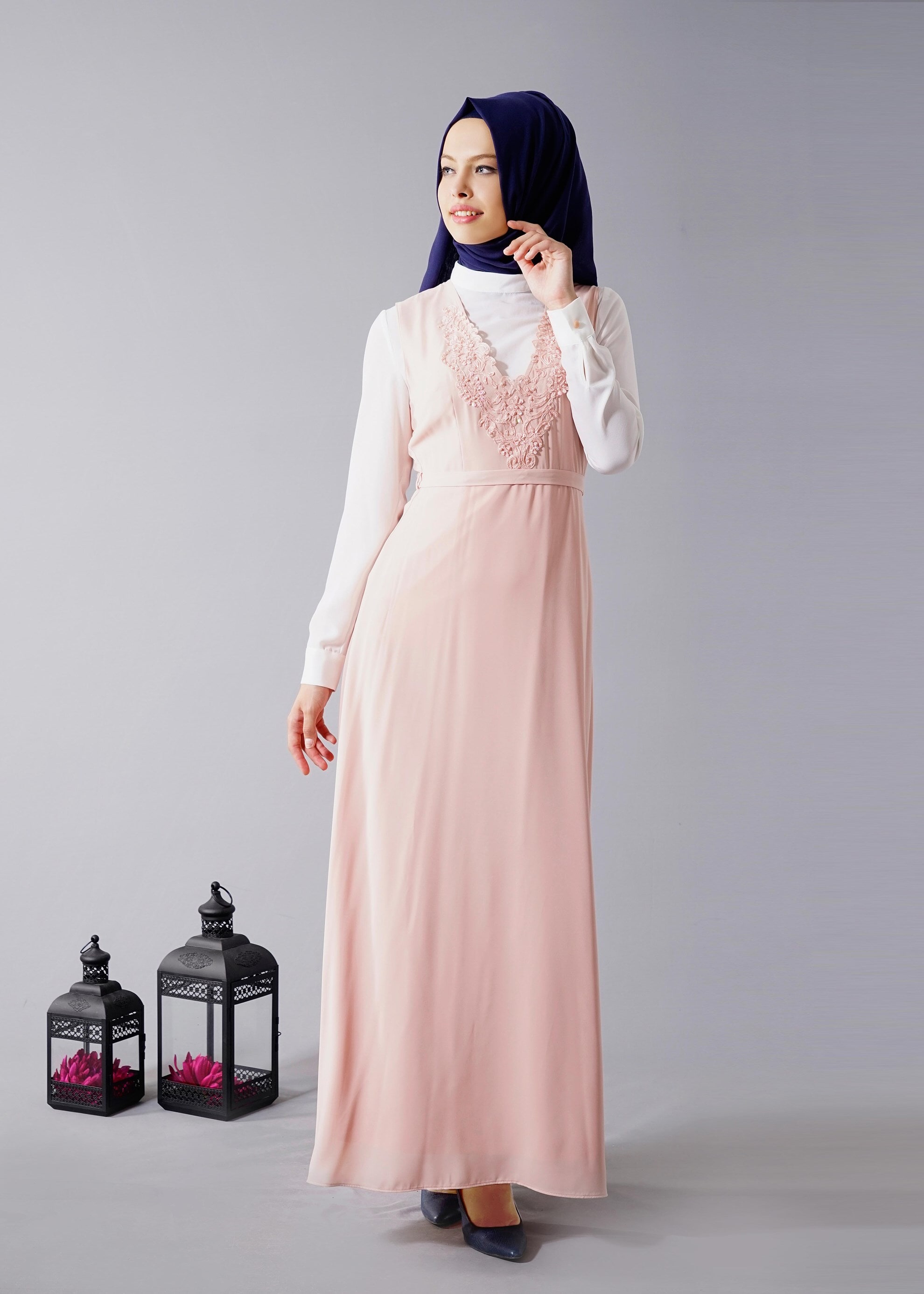 Tesettür giyim PUDRA 4568 New Alya 2&prime;li Tesettür Elbise 38/44 TEK40