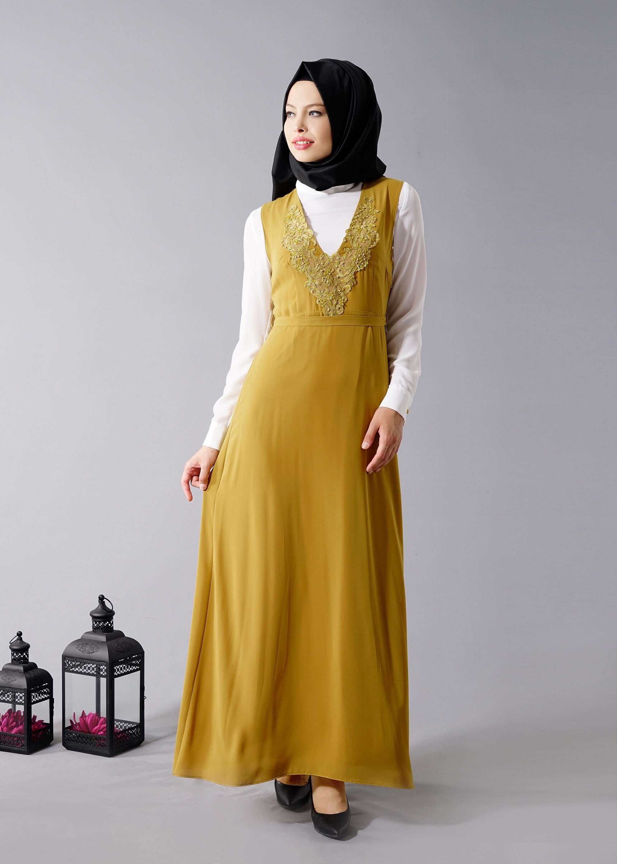 Tesettür giyim SARI 4568 New Alya 2&prime;li Tesettür Elbise 38/44 TEK40