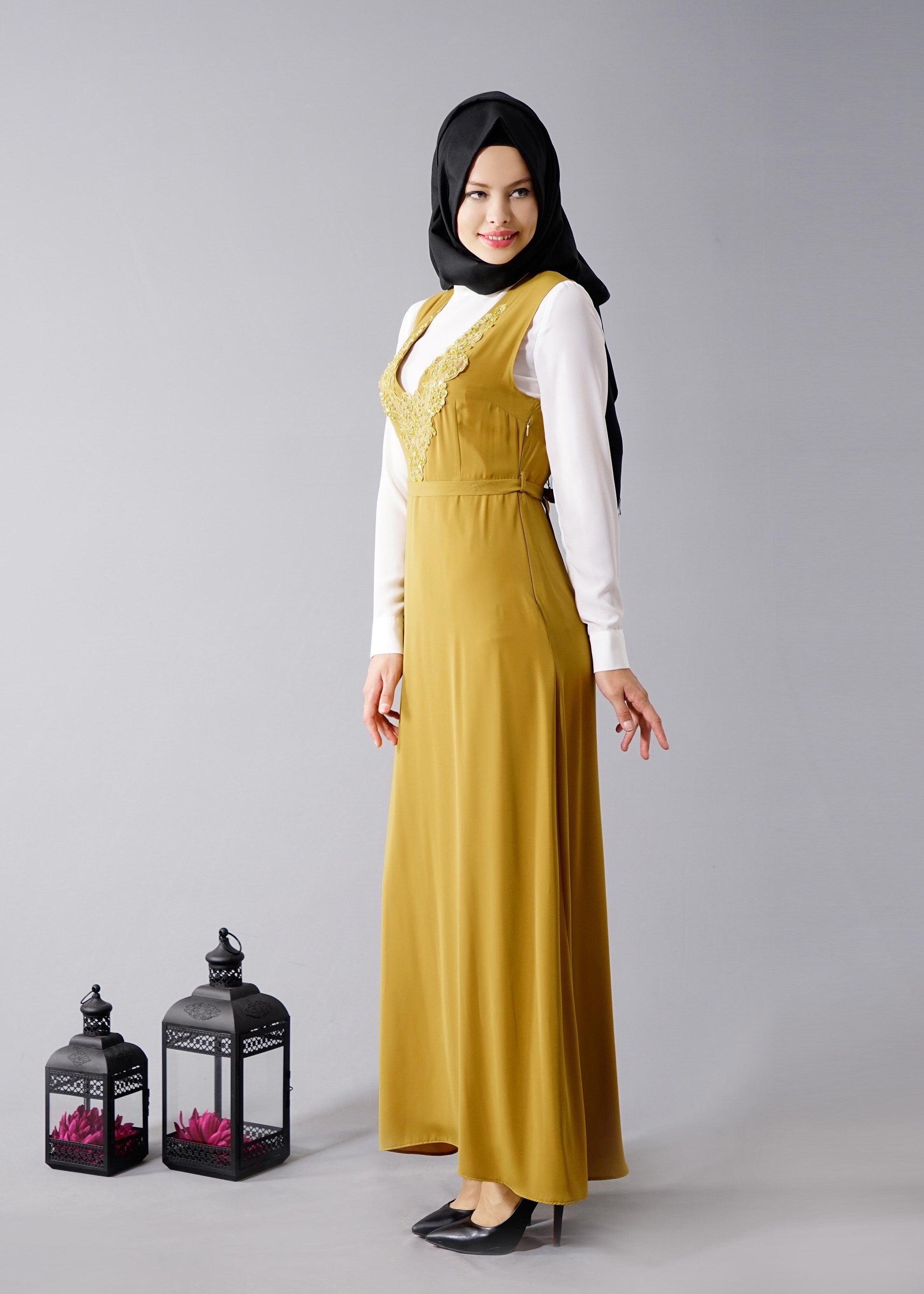 Tesettür giyim SARI 4568 New Alya 2&prime;li Tesettür Elbise 38/44 TEK40