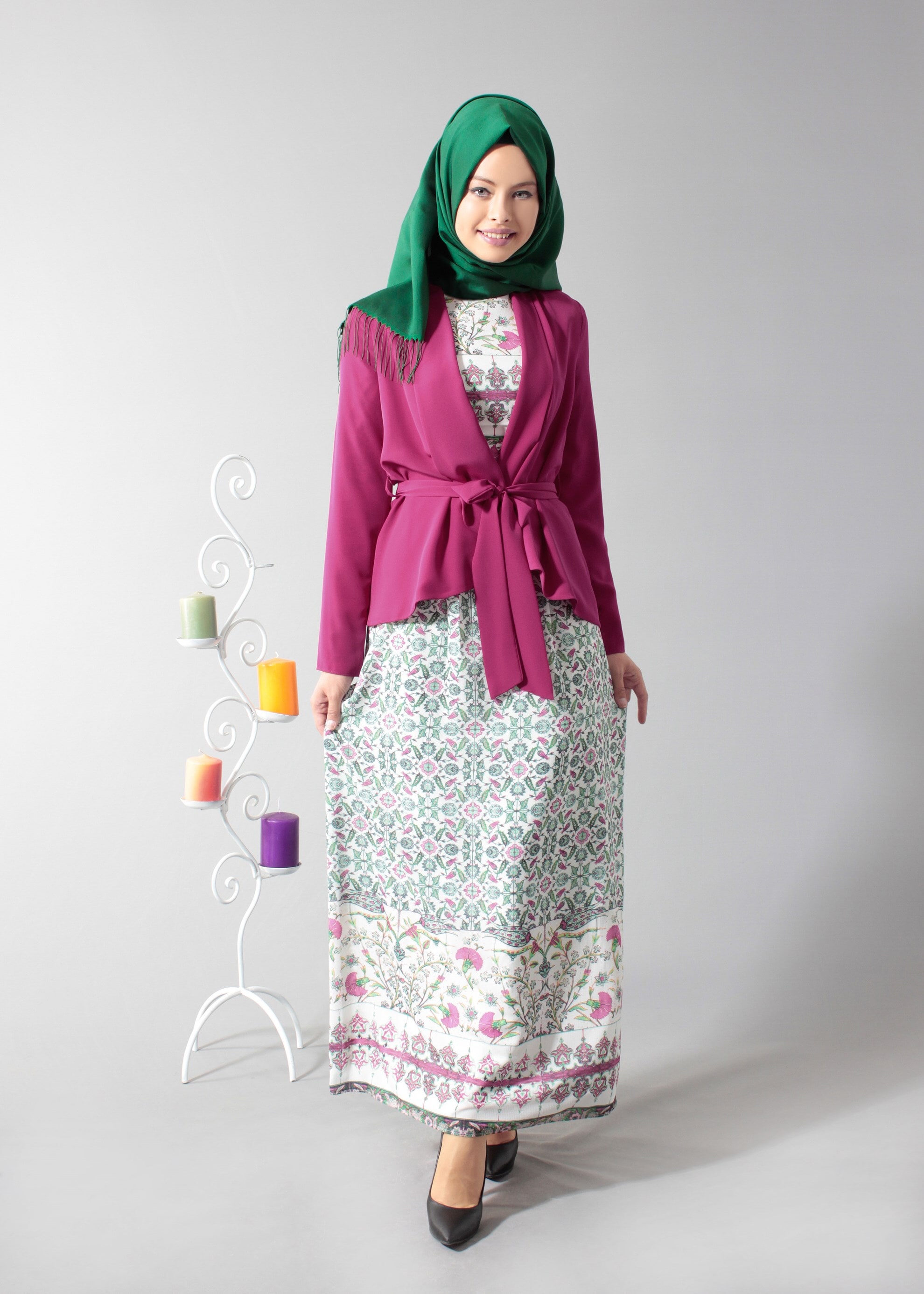 Tesettür giyim FUŞYA 4614 Calara 7953 2&prime;li Tesettür Elbise 38/44 TEK36