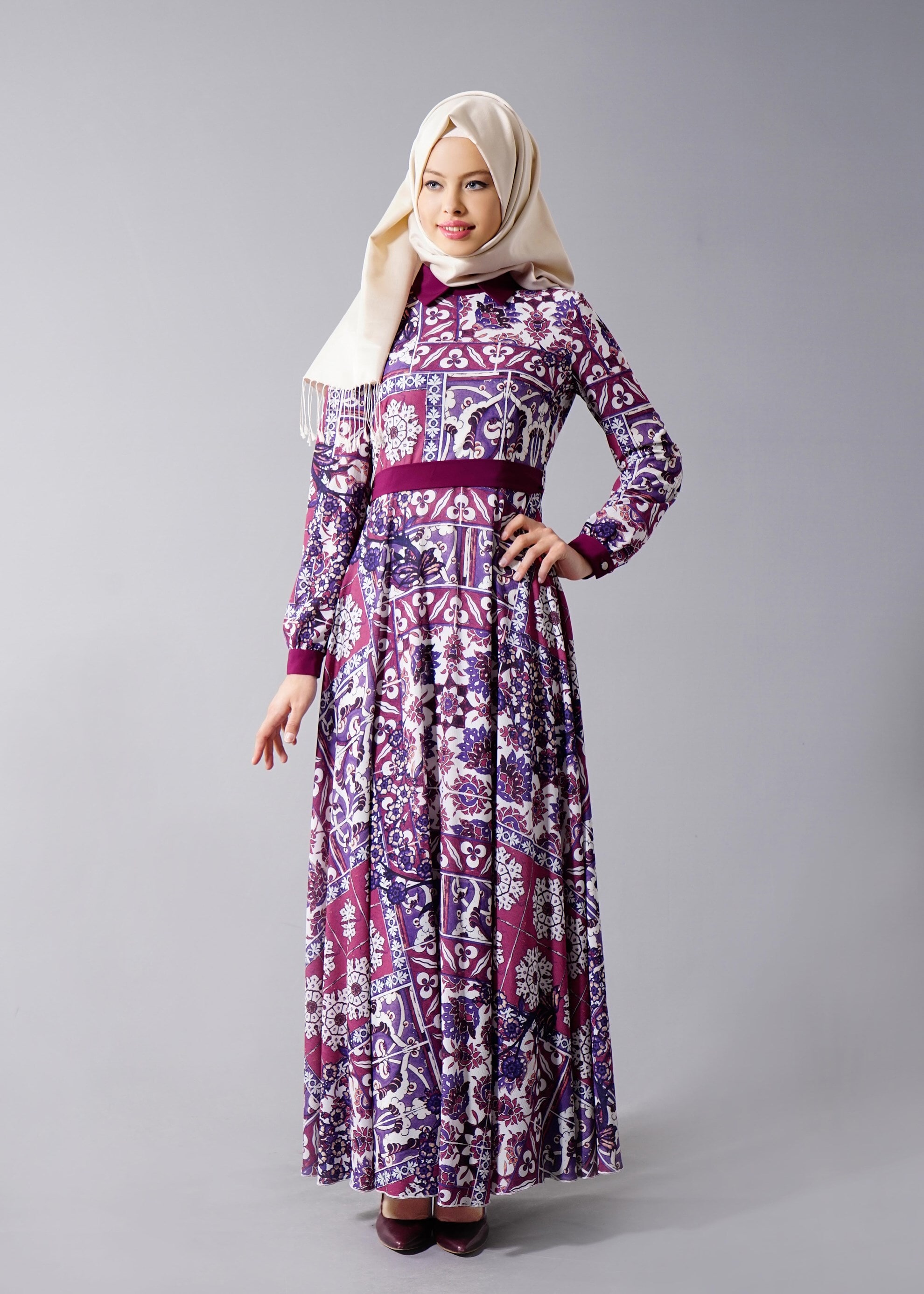 Tesettür giyim MOR 4630 BURBLE CREP 7934 TESETTÜR ELBİSE 36/44