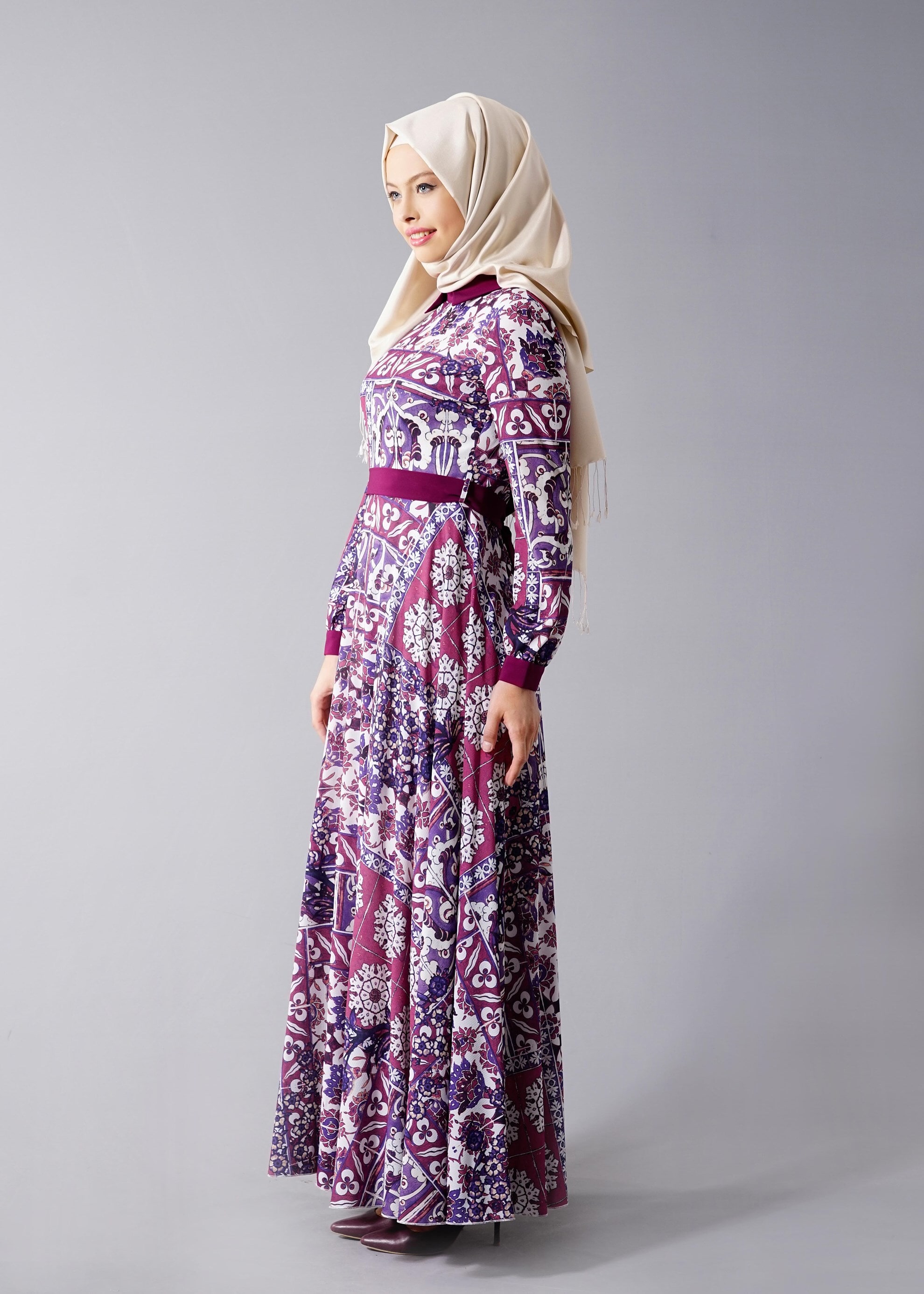 Tesettür giyim MOR 4630 BURBLE CREP 7934 TESETTÜR ELBİSE 36/44