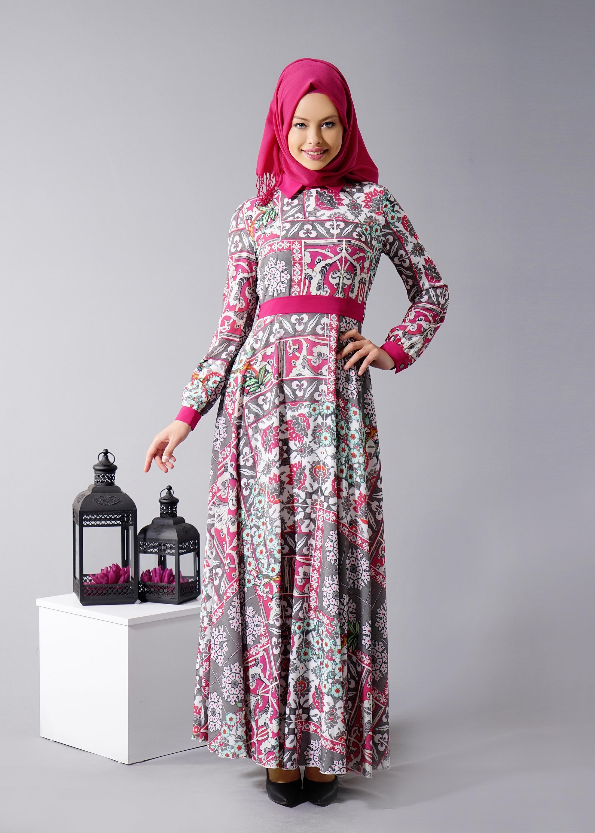 Tesettür giyim FUŞYA 4630 BURBLE CREP 7934 TESETTÜR ELBİSE 36/44