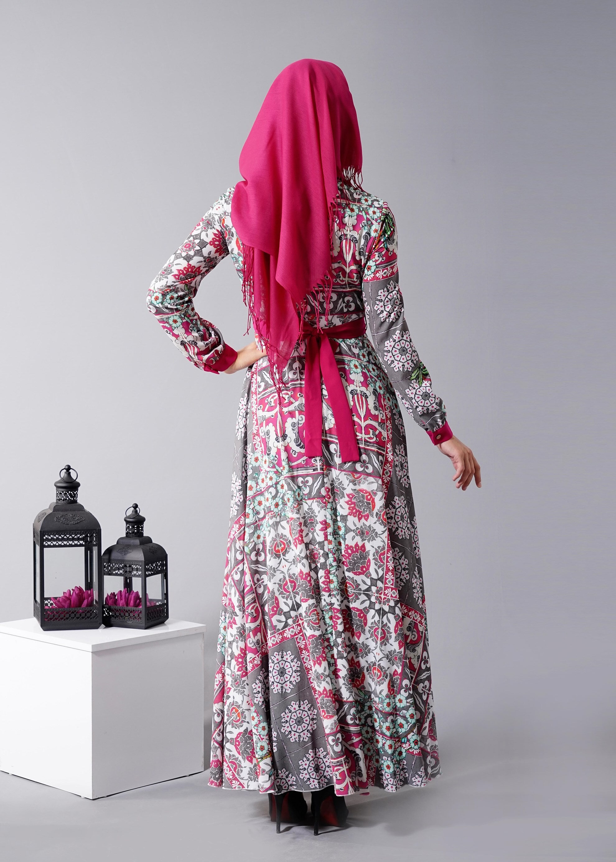 Tesettür giyim FUŞYA 4630 BURBLE CREP 7934 TESETTÜR ELBİSE 36/44