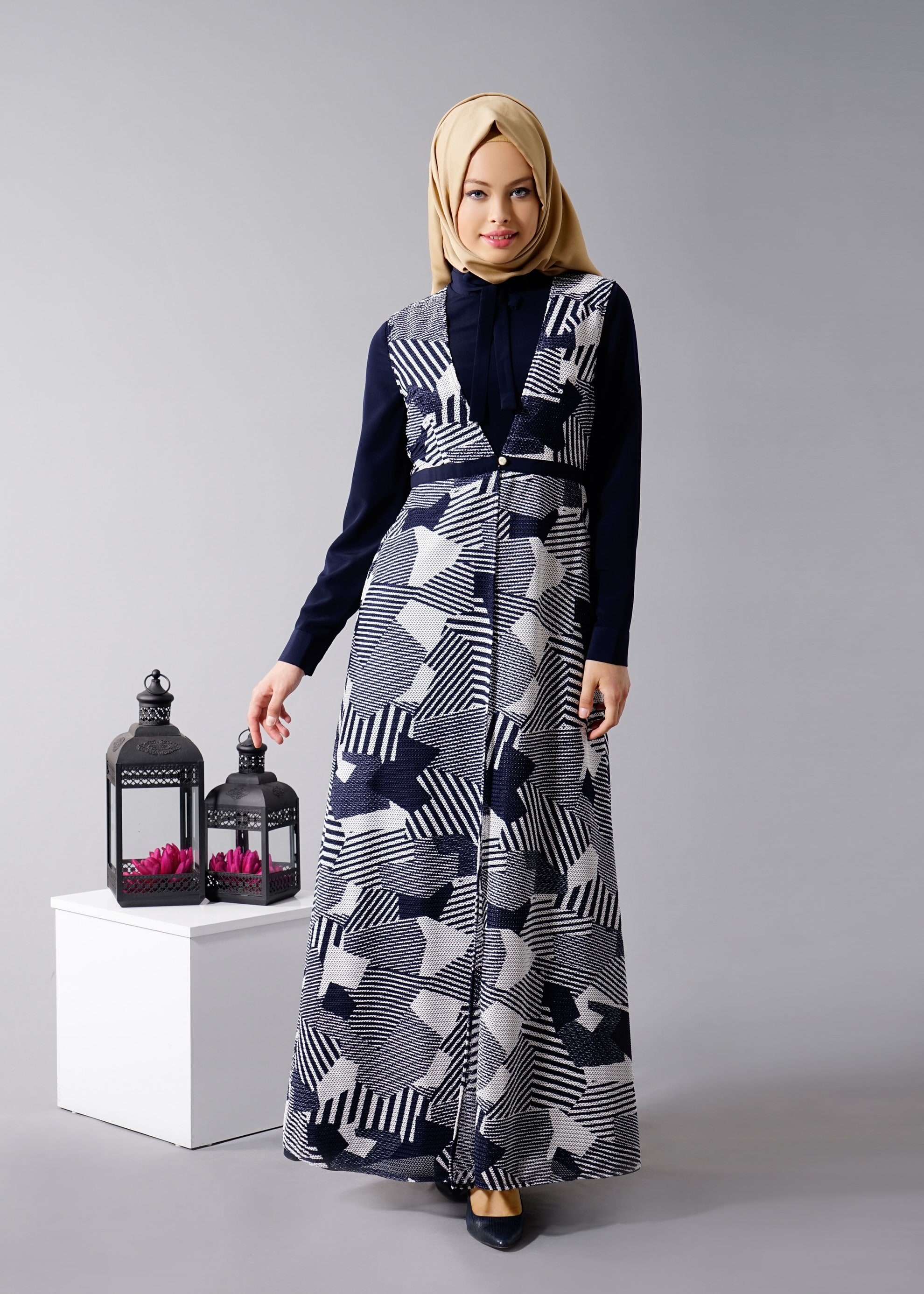 Hijab clothing NAVY BLUE 4633 Drago 2′li Tesettür Elbise 40/48