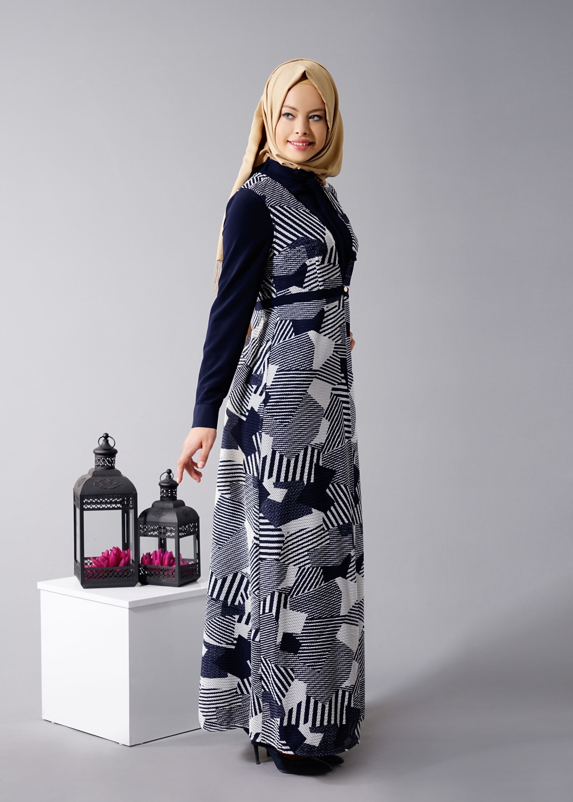 Hijab clothing NAVY BLUE 4633 Drago 2′li Tesettür Elbise 40/48