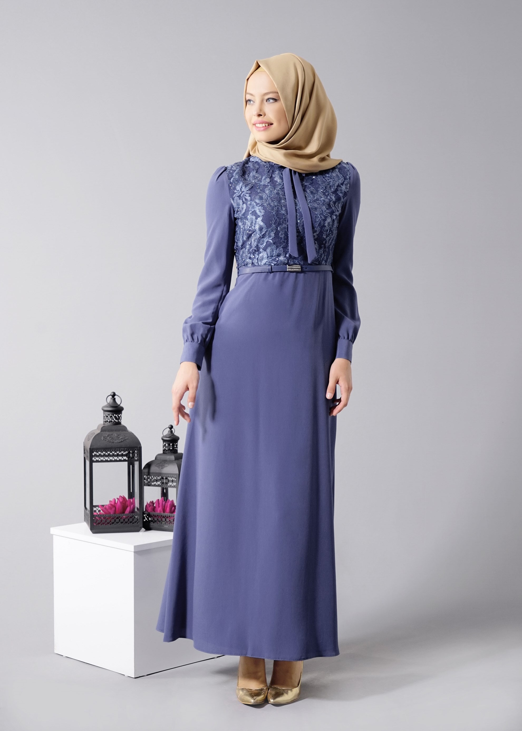 Tesettür giyim LACİVERT 4656 6384 Tesettür Elbise 38/44 TEK40