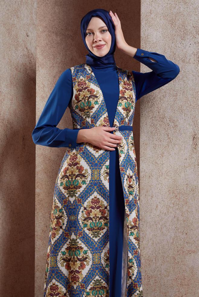 Hijab clothing NAVY BLUE ETHNIC PATTERNED DRESS SUIT 4496-1 - ALVİNA