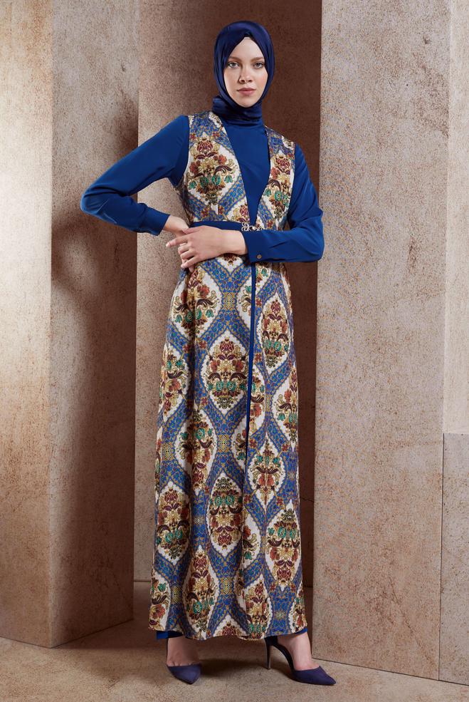 Hijab clothing NAVY BLUE ETHNIC PATTERNED DRESS SUIT 4496-1 - ALVİNA