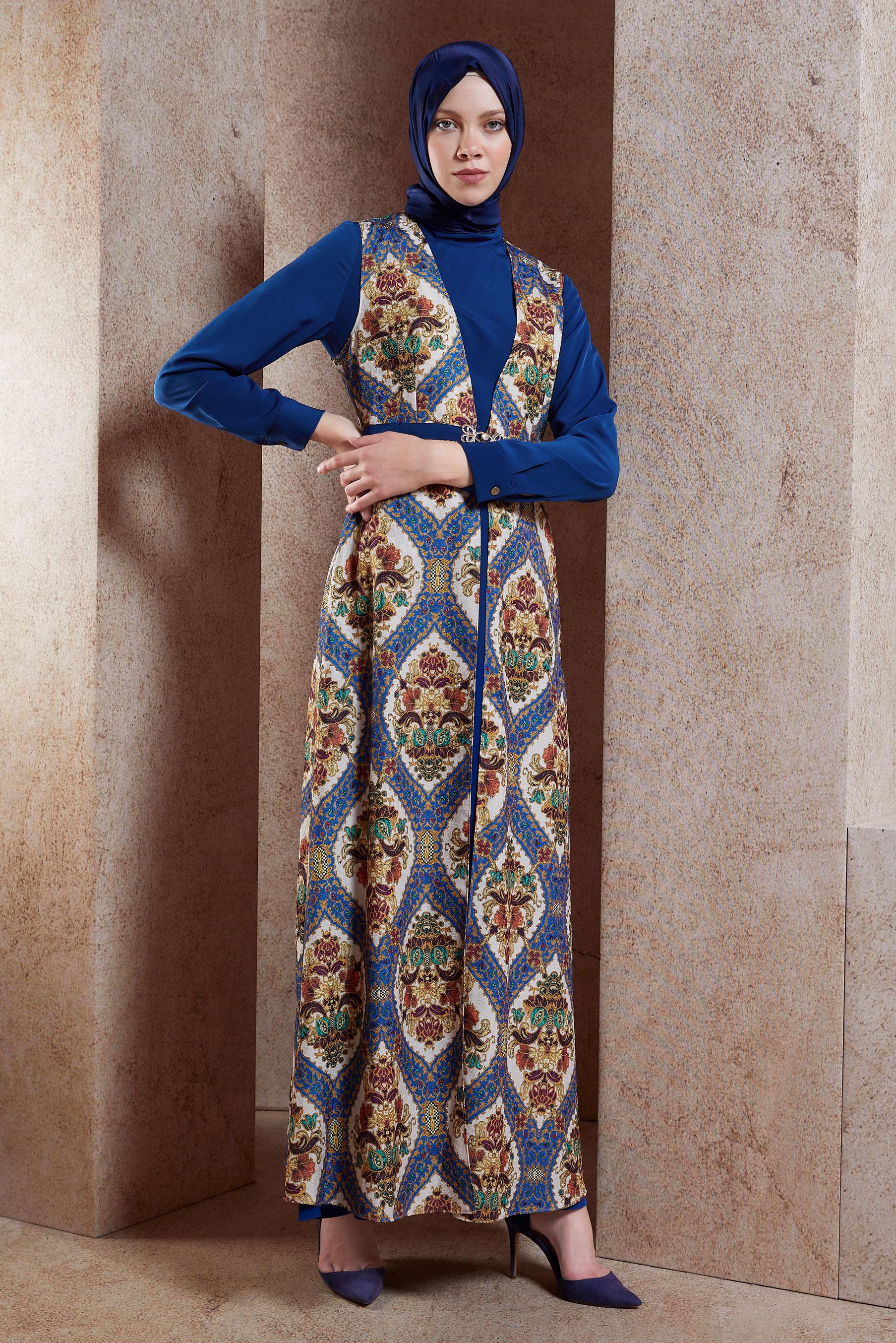 Tesettür giyim LACİVERT ETNİK DESENLİ ELBİSELİ TAKIM 4496-1