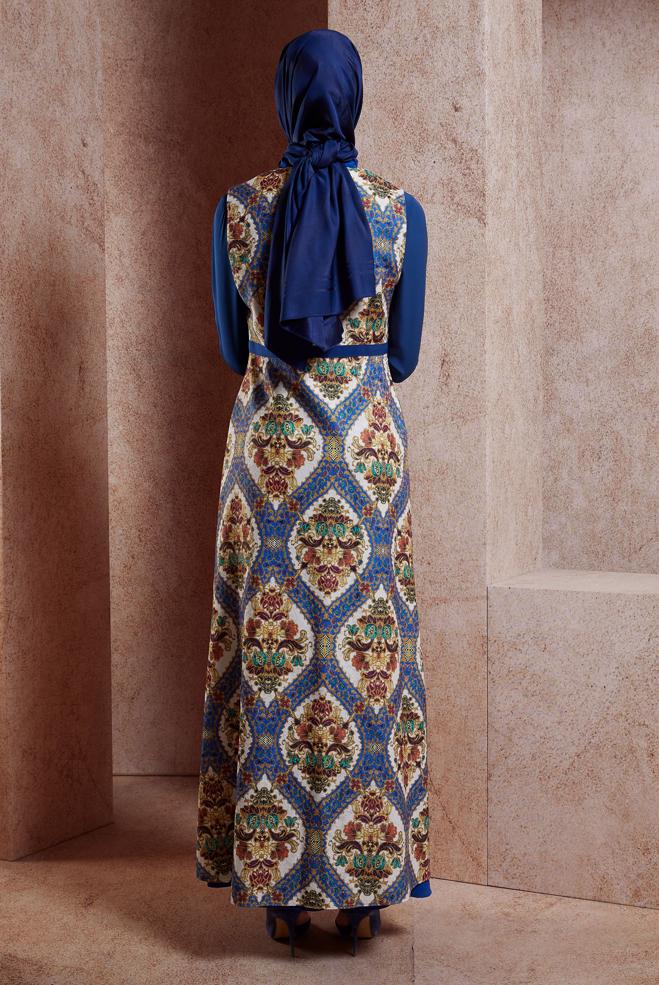 Hijab clothing NAVY BLUE ETHNIC PATTERNED DRESS SUIT 4496-1 - ALVİNA