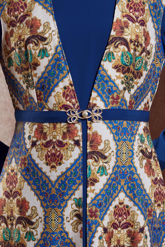 Hijab clothing NAVY BLUE ETHNIC PATTERNED DRESS SUIT 4496-1 - ALVİNA