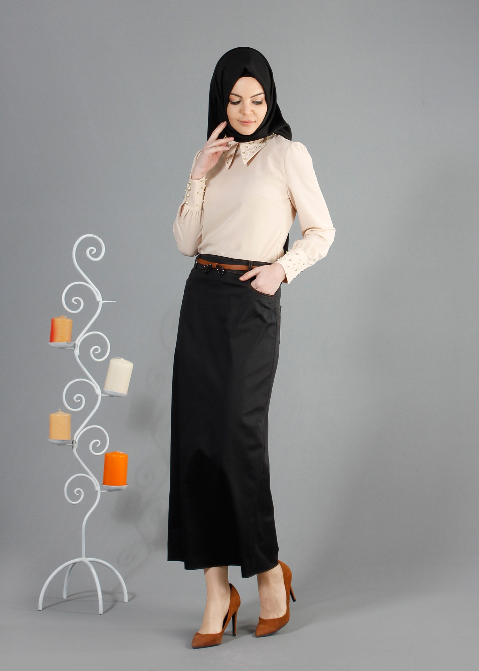 Tesettür giyim SİYAH CEP DETAYLI DÜZ KESİM ETEK 6835