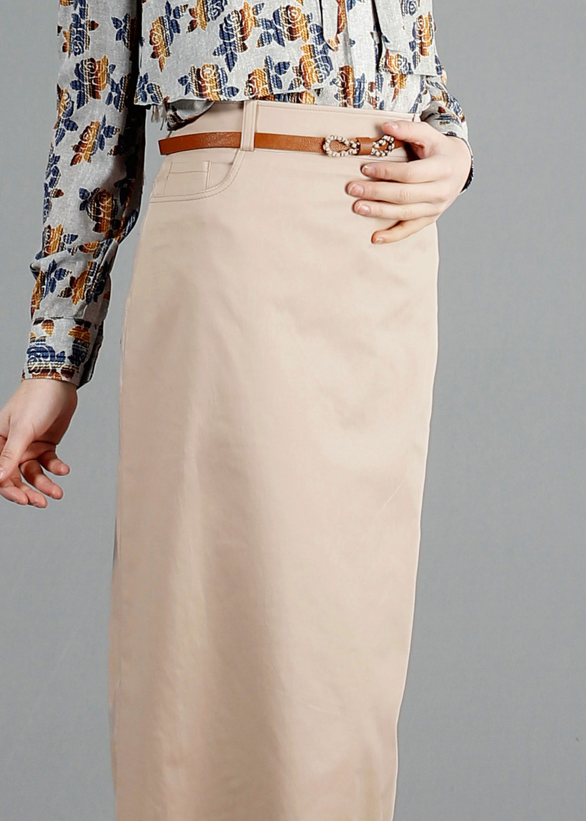 Tesettür giyim BEJ CEP DETAYLI DÜZ KESİM ETEK 6835