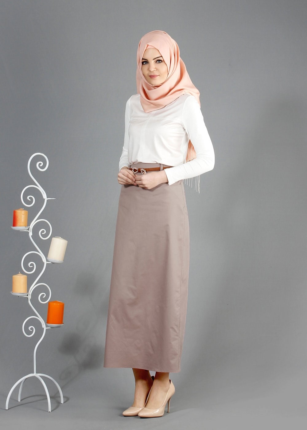 Tesettür giyim PUDRA CEP DETAYLI DÜZ KESİM ETEK 6835