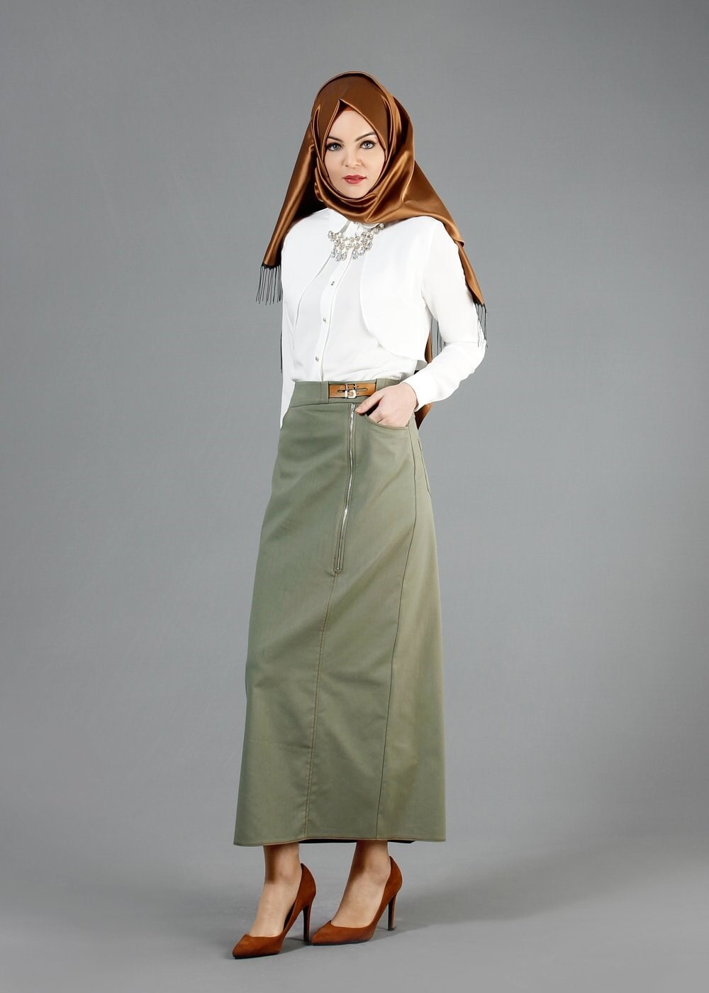 Tesettür giyim HAKİ 6838 Owen Tesettür Etek 38/46 TEK38